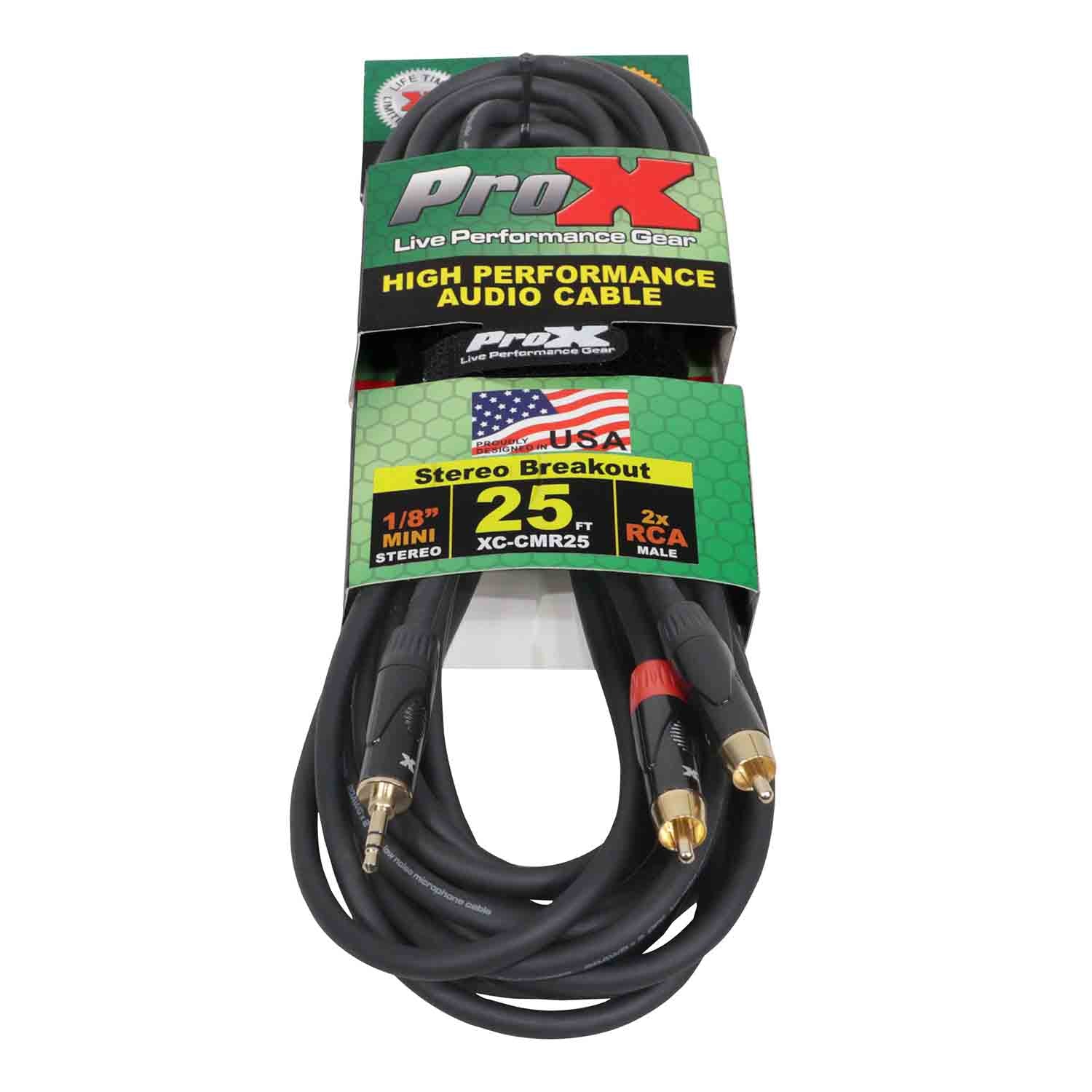 ProX XC-CMR25 Unbalanced 1/8" (3.5mm) Mini TRS-M to Dual RCA-M High Performance Audio Cable - 25 Feet - Hollywood DJ