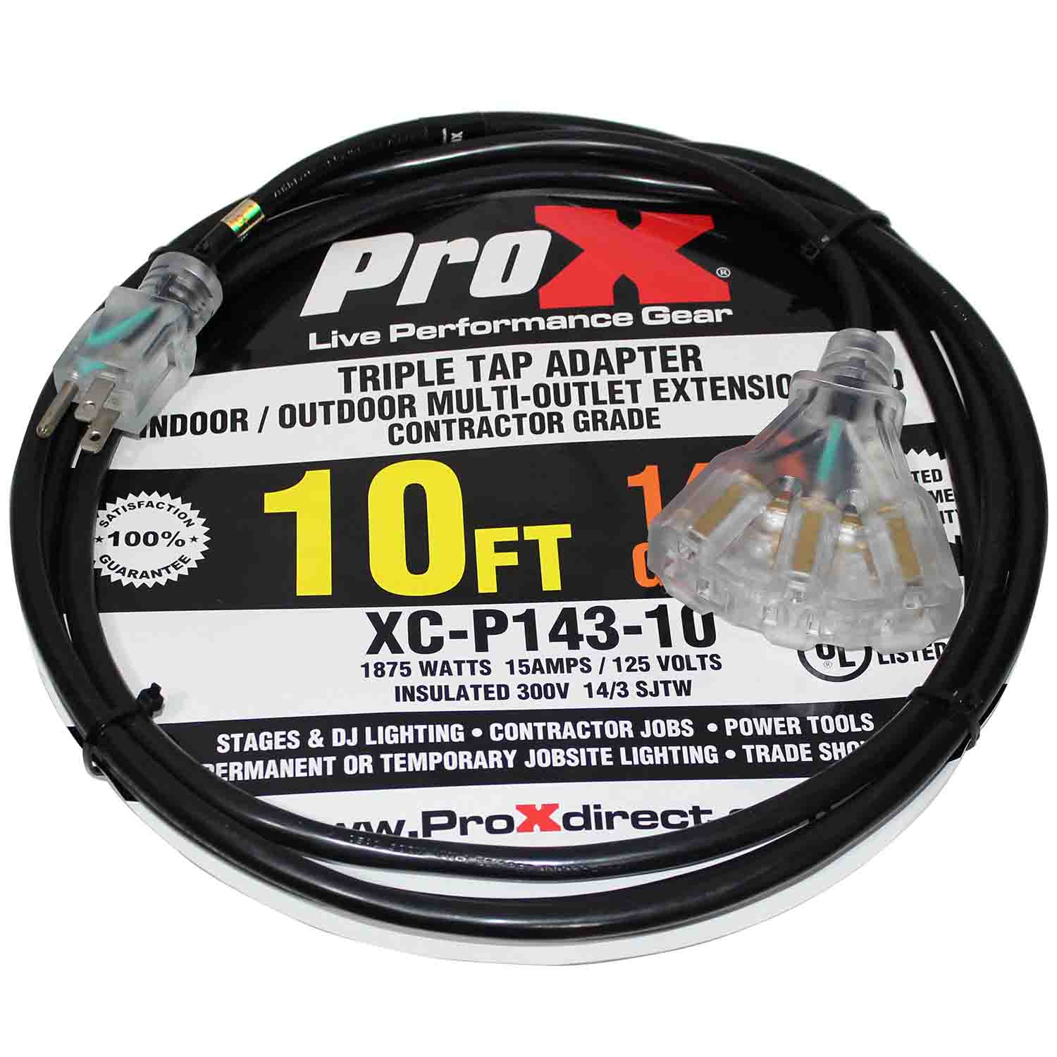 ProX XC-P143-10, 3-Socket Power Cord NEMA 5-15P to NEMA 5-15R 14AWG 3-Prong Black - 10 Feet by ProX Cases