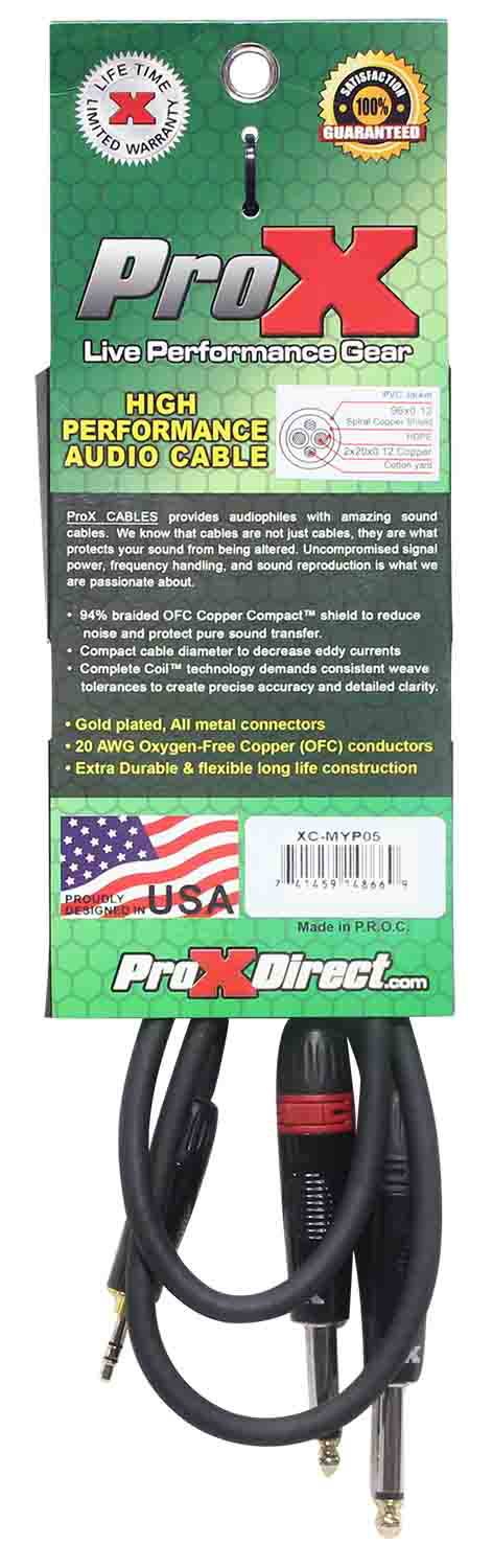 Prox XC-MYP05 Unbalanced 3.5mm Mini-TRS to Dual TS-M High Performance Audio Y Cable - 5 Feet - Hollywood DJ
