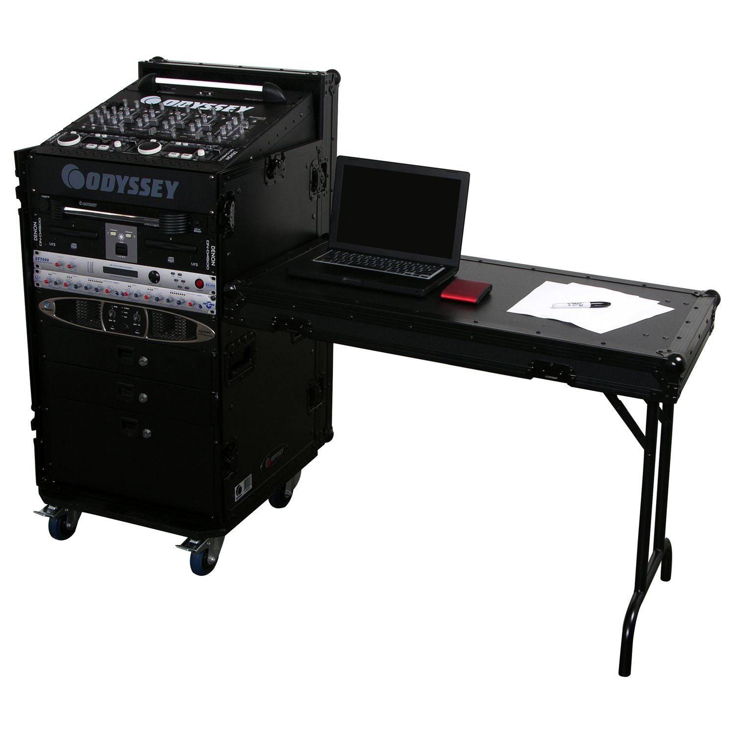 Odyssey FZ1116WDLXBL 11U Top Slanted 16U Vertical Pro Combo Rack with Side Table and Casters - Black - Hollywood DJ