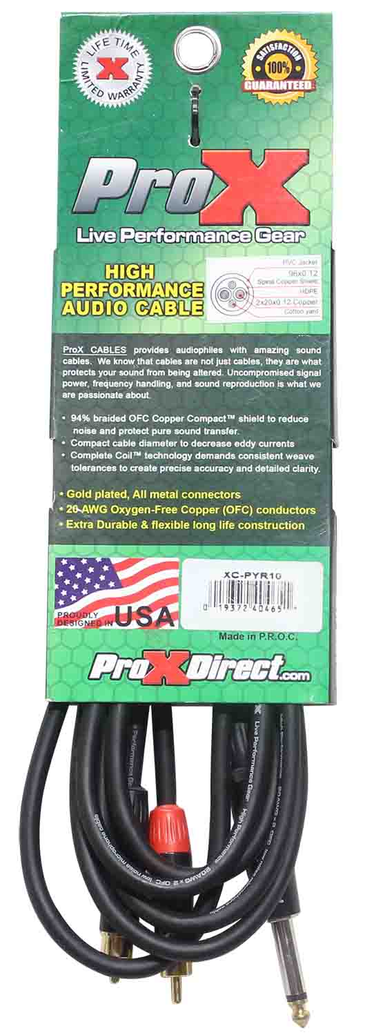 Prox XC-PYR10 Unbalanced 1/4" TS-M to Dual RCA-M High Performance Audio Y Cable - 10 Feet - Hollywood DJ