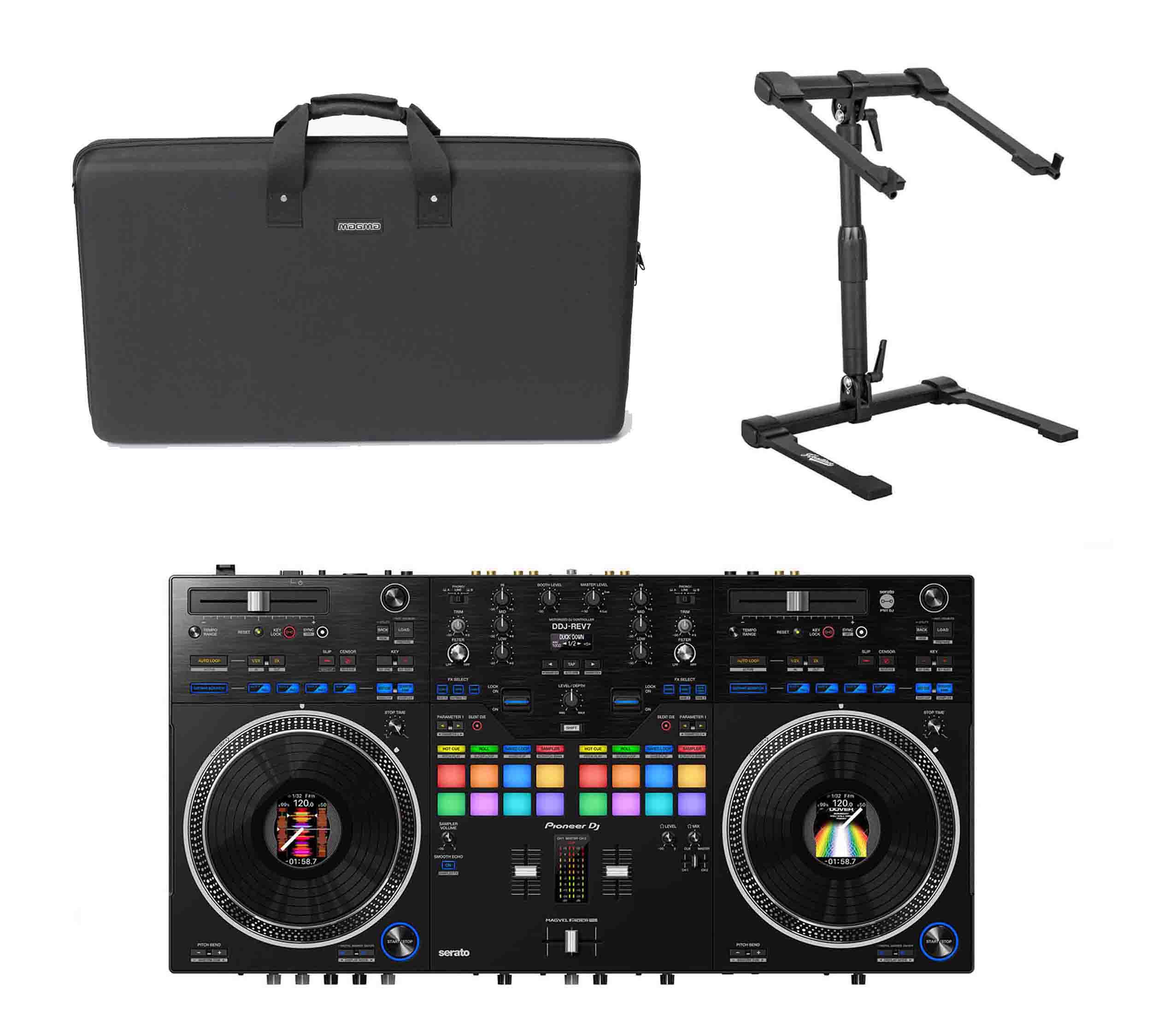 Pioneer DDJ-REV7, 2-Channel DJ Controller Package with Magma CTRL Case and Headliner Laptop Stand - Hollywood DJ