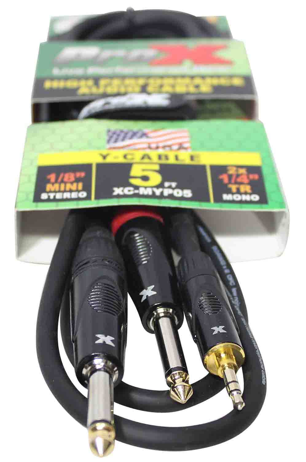 Prox XC-MYP05 Unbalanced 3.5mm Mini-TRS to Dual TS-M High Performance Audio Y Cable - 5 Feet - Hollywood DJ