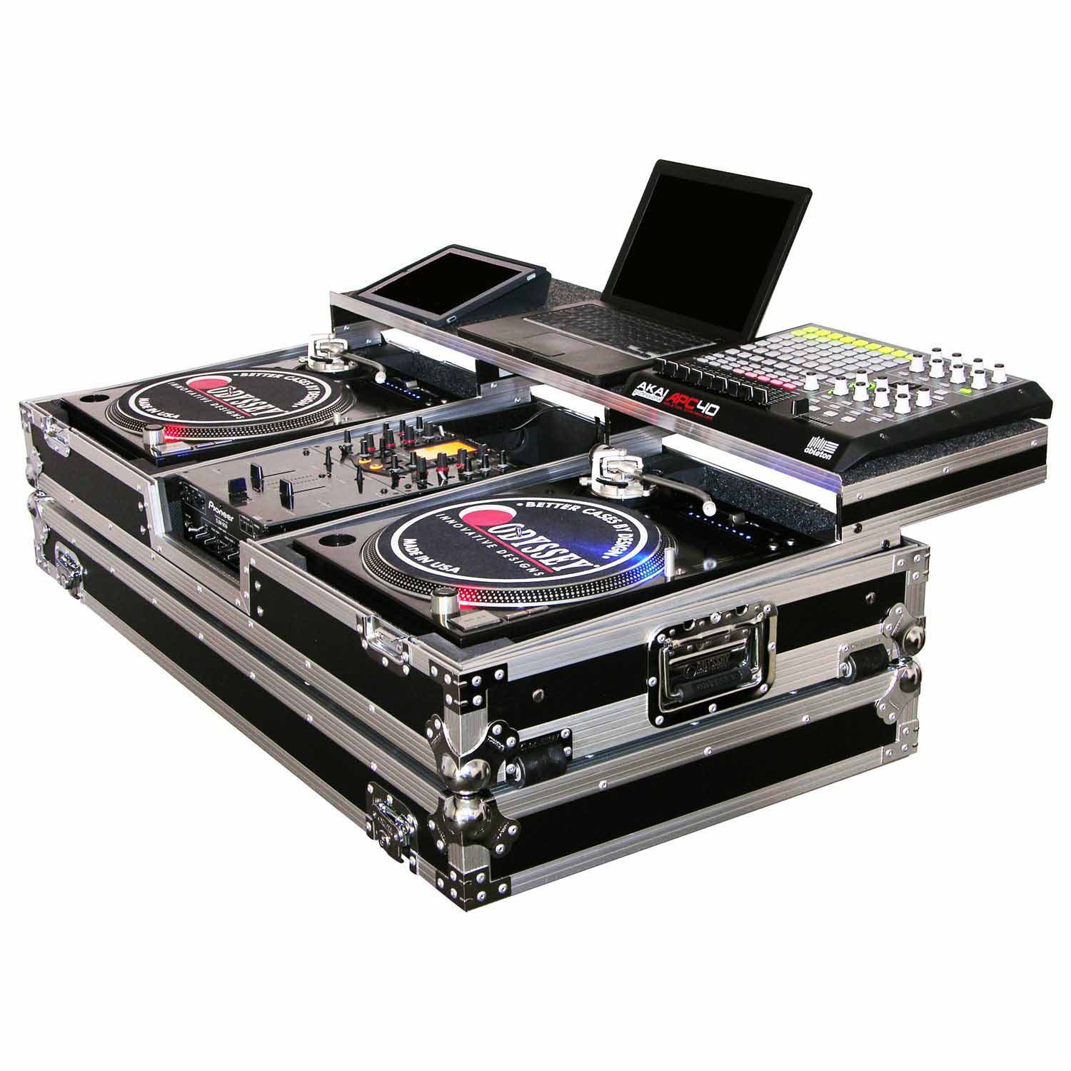 Odyssey FZGSPBM10W Universal 10″ Format DJ Mixer and Two Battle Position Turntables Flight Coffin Case with Full Glide Platform - Hollywood DJ