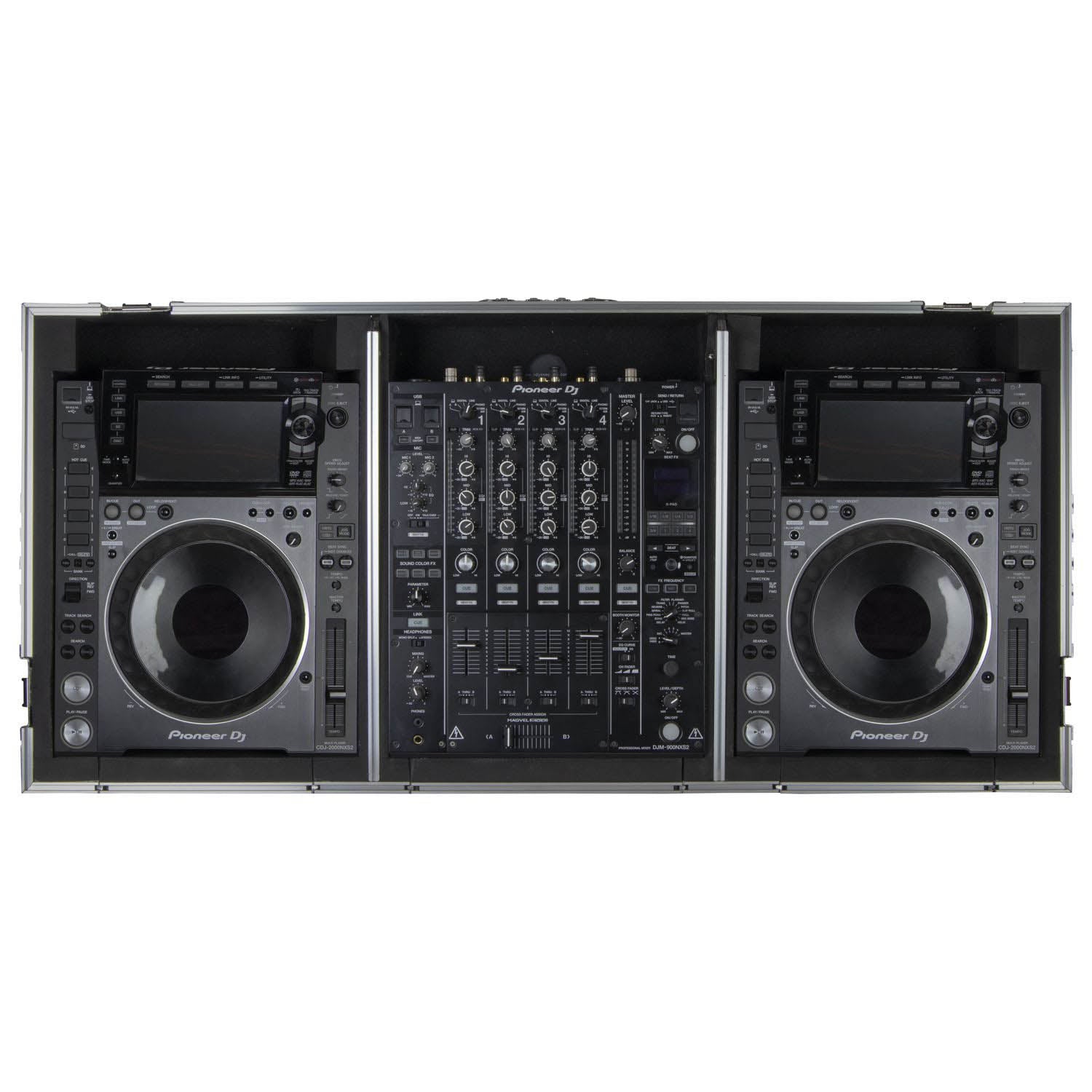 Odyssey FZGSL12CDJWR Black Low Profile 12″ Format DJ Mixer and Two Large Format Media Players Flight Coffin Case with Wheels and Glide Platform Odyssey