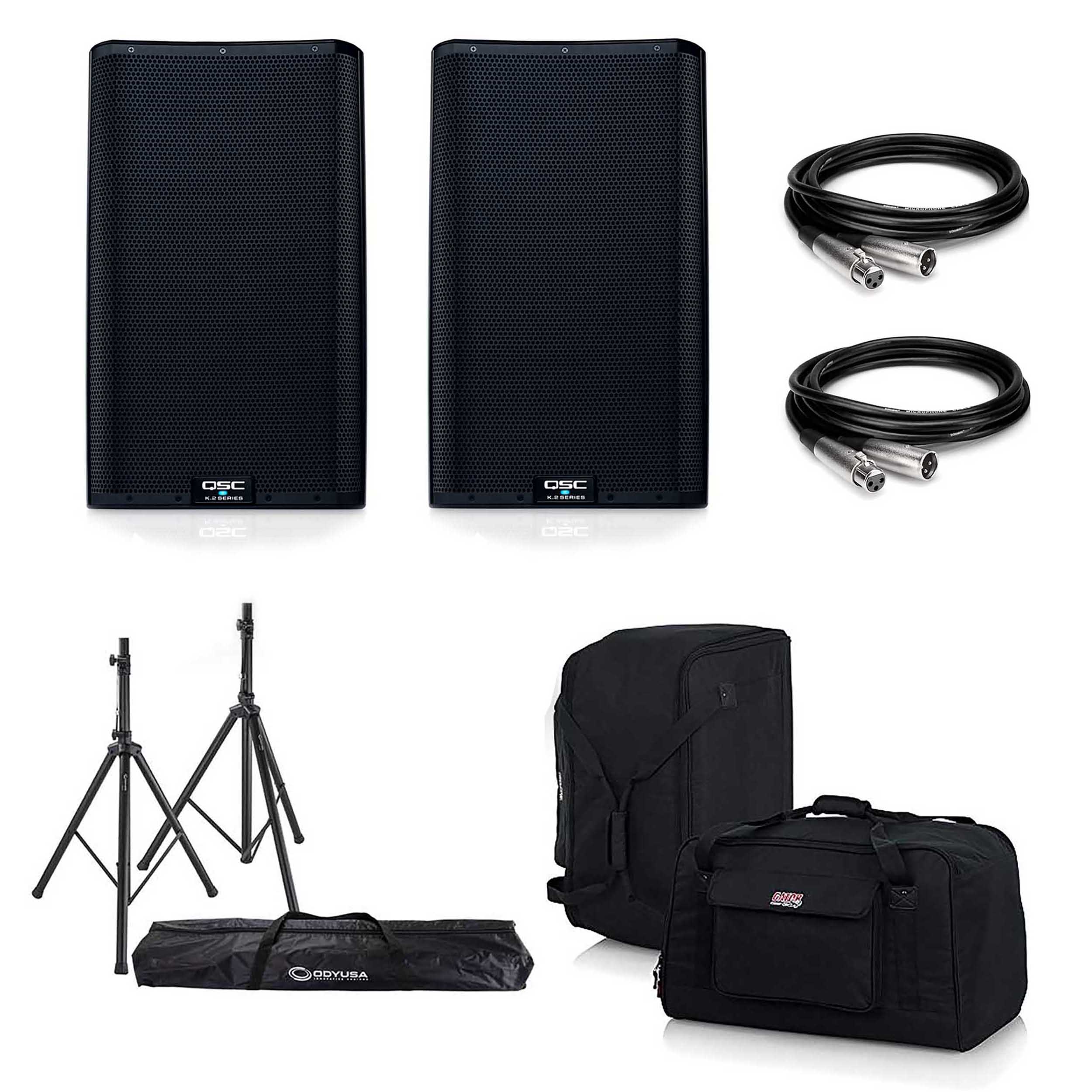 2x QSC K12.2 Speaker Package with Cables, Stands and Tote Bags Odyssey