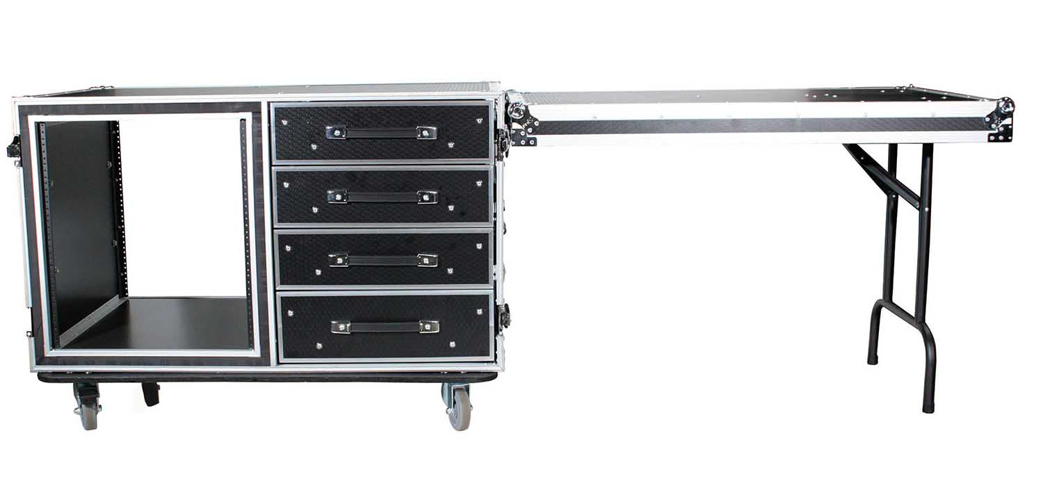 ProX XS-12U4DTW, 12U Shockproof Workstation Case with Dual Side Table and Drawers - 24 In Rail to Rail - Hollywood DJ