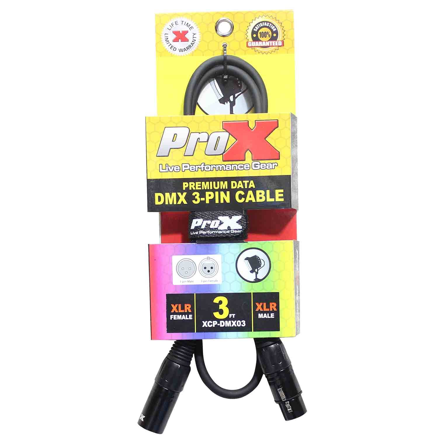 ProX XCP-DMX03, DMX XLR3-M to XLR3-F Premium Cable - 3 Feet - Hollywood DJ
