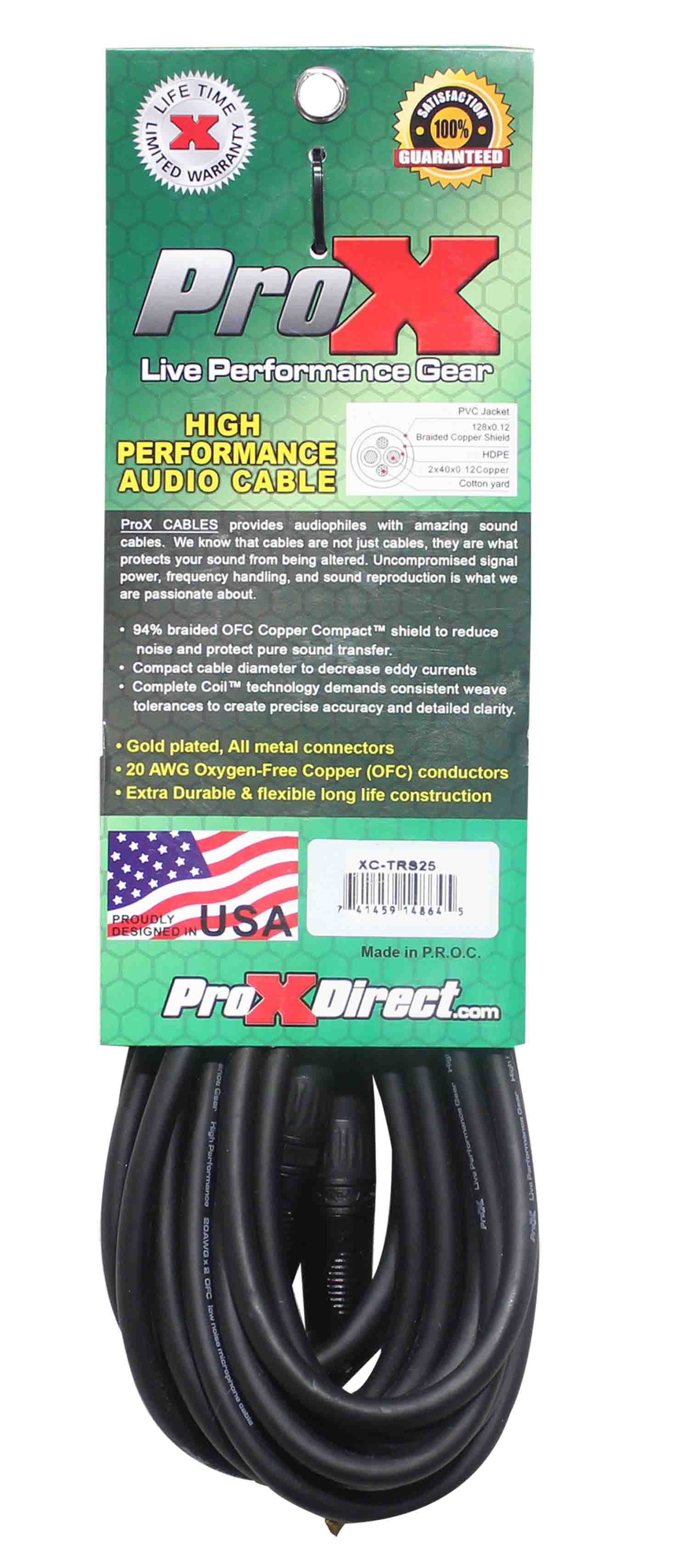 Prox XC-TRS25 Balanced 1/4" TRS-M to TRS-M High Performance Audio Cable - 25 Feet - Hollywood DJ