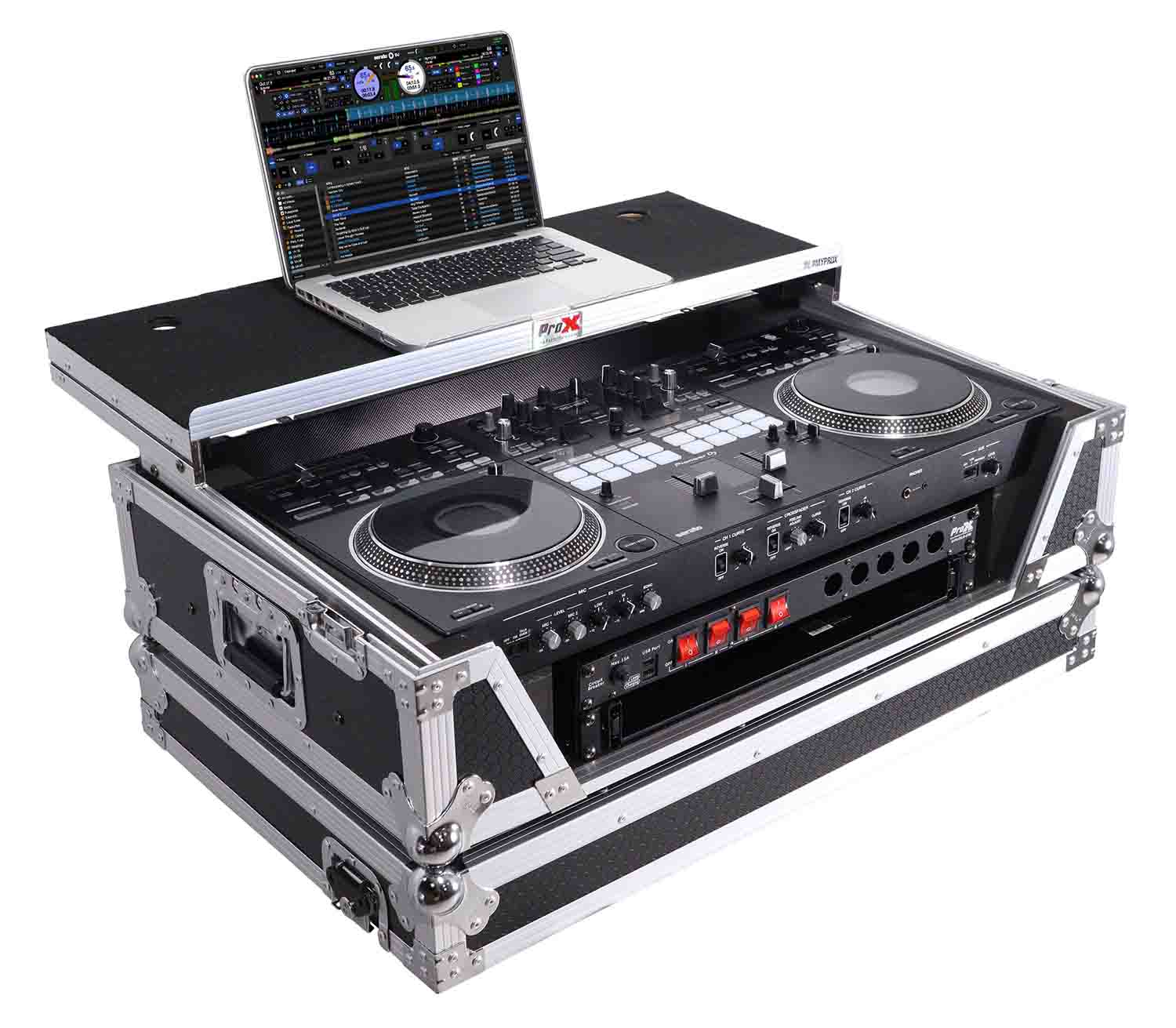 PROX XS-REV71K2U WLT LED ATA Style Flight Case for Pioneer DDJ-REV7 DJ Controller with 2U Rack Space Laptop Shelf Wheels LED - Hollywood DJ