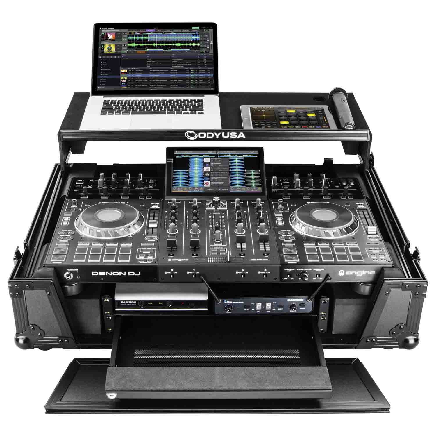Odyssey FZGSPRIME4W2BL Denon Prime 4 Black Flight Case with Patented Glide Laptop Platform and 2U Rack Space - Hollywood DJ