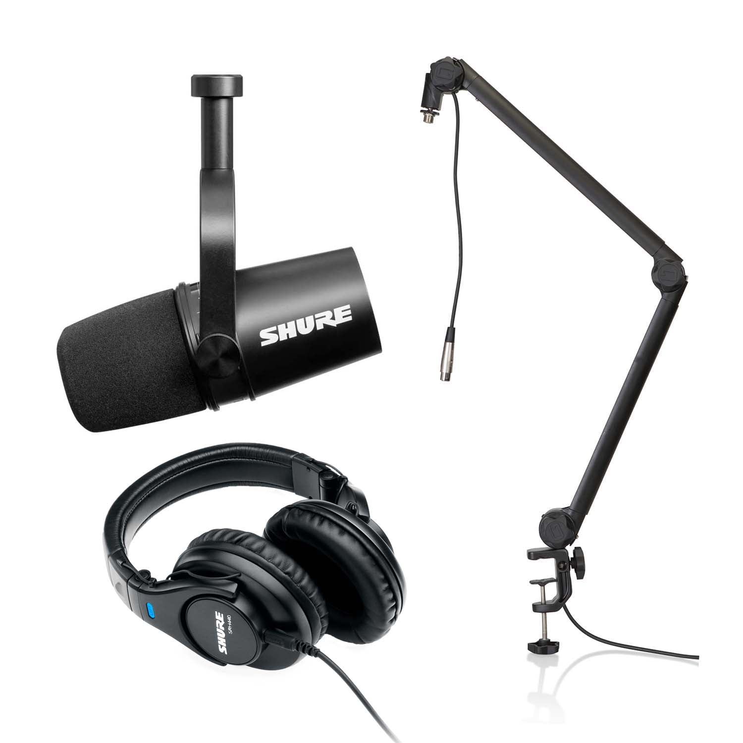 Shure Podcast Package with MV7 Podcast Microphone, SRH440 Studio Headphones and Gator 3000 Microphone Boom Stand - Hollywood DJ