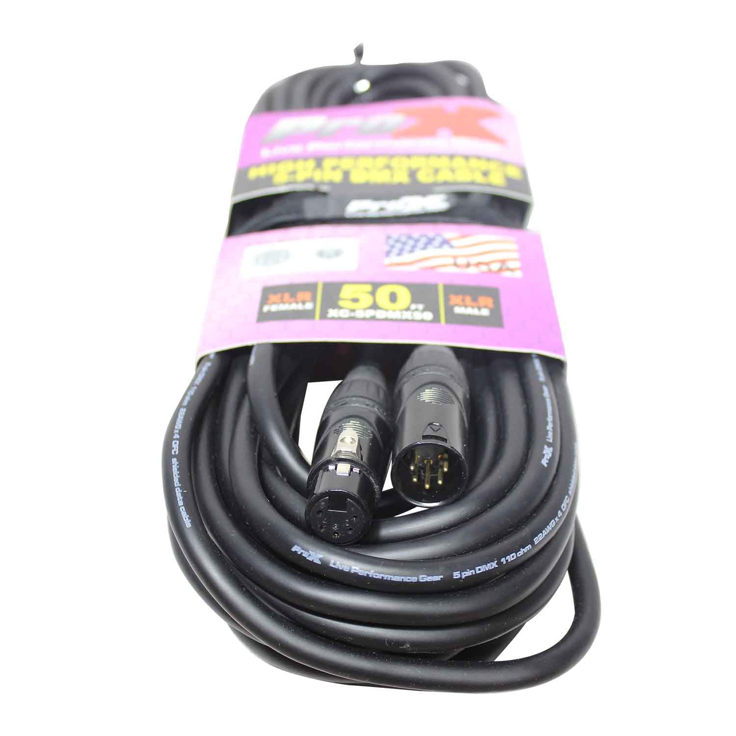 ProX XC-5PDMX50, DMX XLR5-M to XLR5-F High Performance Cable - 50 Feet - Hollywood DJ