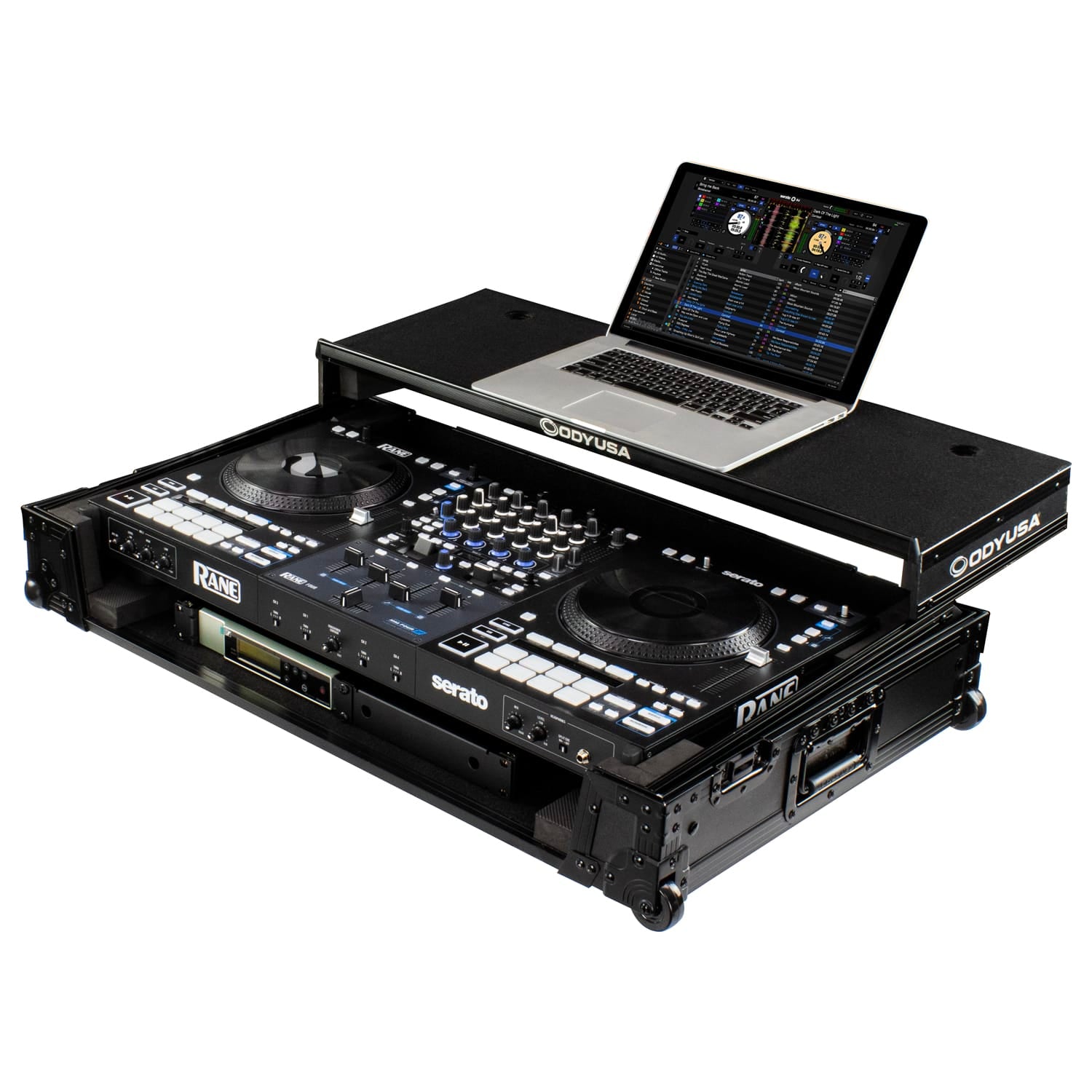 Odyssey FZGSRANE4W1BL 1U Flight Case with Glide Style Laptop Platform and Wheels for Rane Four Controller - Black Label - Hollywood DJ