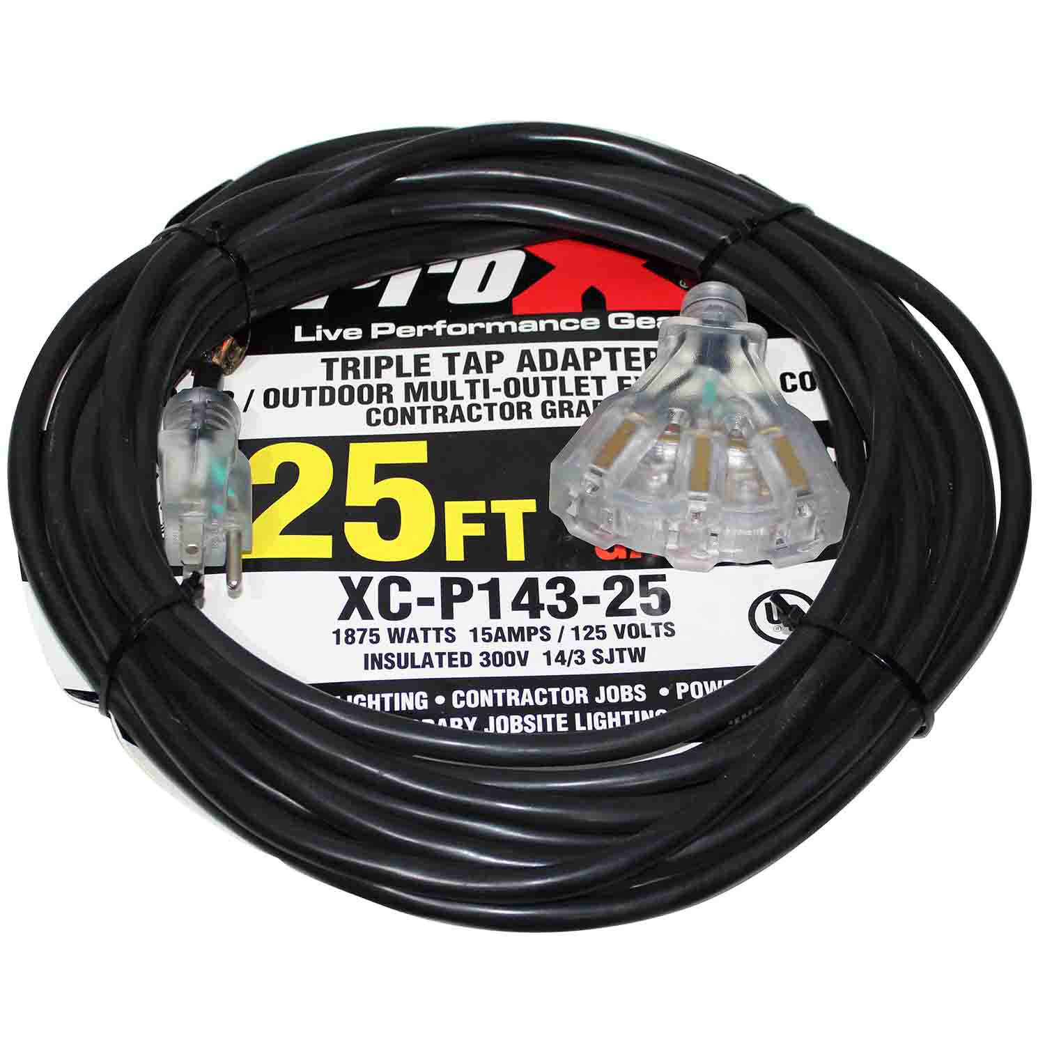 ProX XC-P143-25, 120VAC NEMA 15 Male to 3 Socket Female Power-Extension Cord 14 AWG - 25 Feet - Hollywood DJ