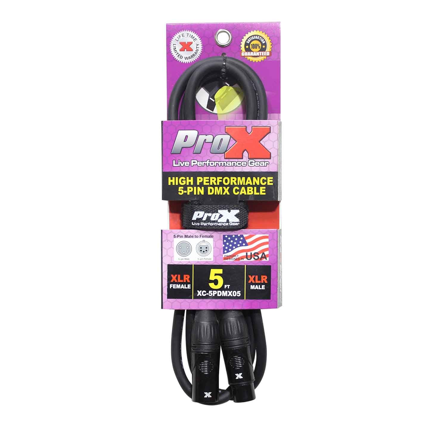 ProX XC-5PDMX05, DMX XLR5-M to XLR5-F High Performance Data Cable - 5 Feet - Hollywood DJ