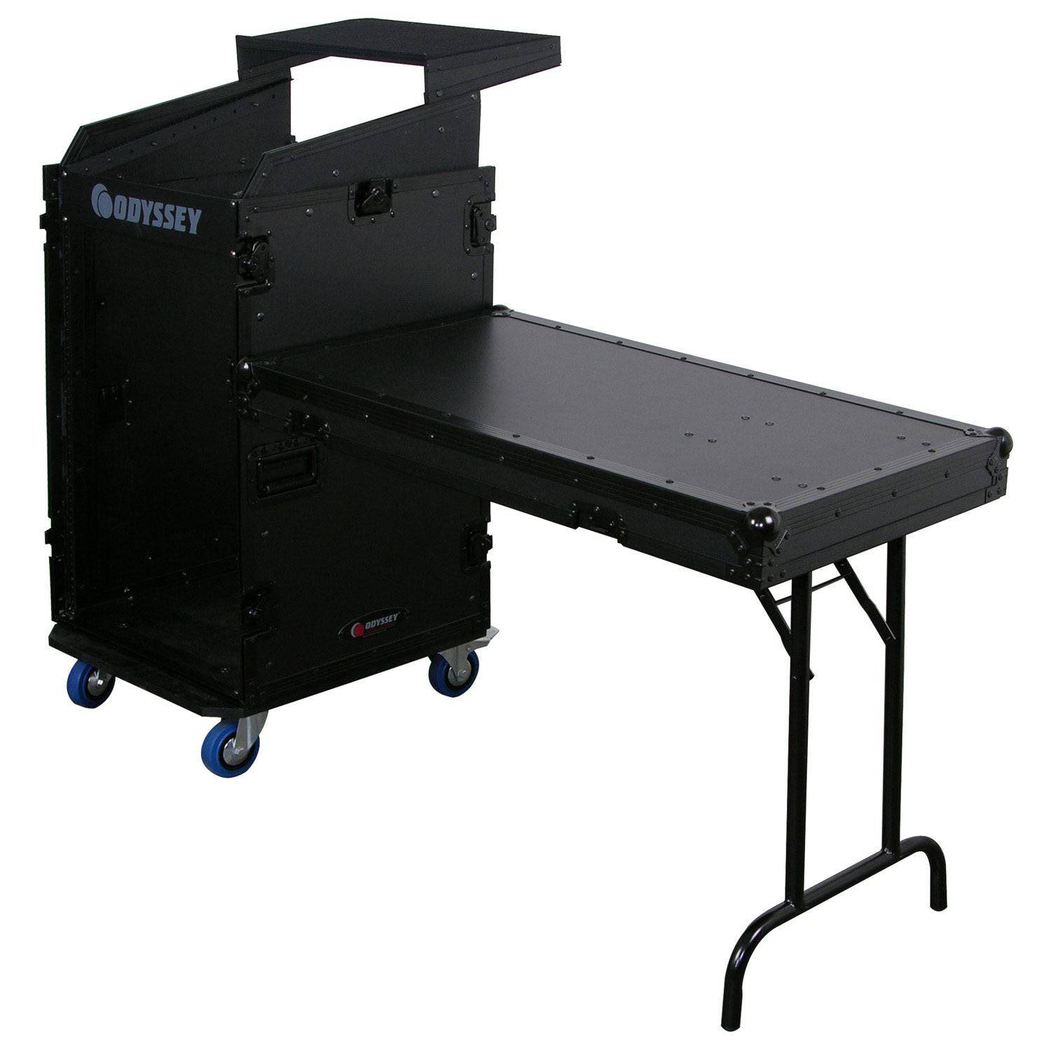 Odyssey FZGS1116WDLXBL Deluxe Black 11U Top Slanted 16U Bottom Vertical Pro Combo Rack with Casters, Side Table, and Glide Platform - Hollywood DJ