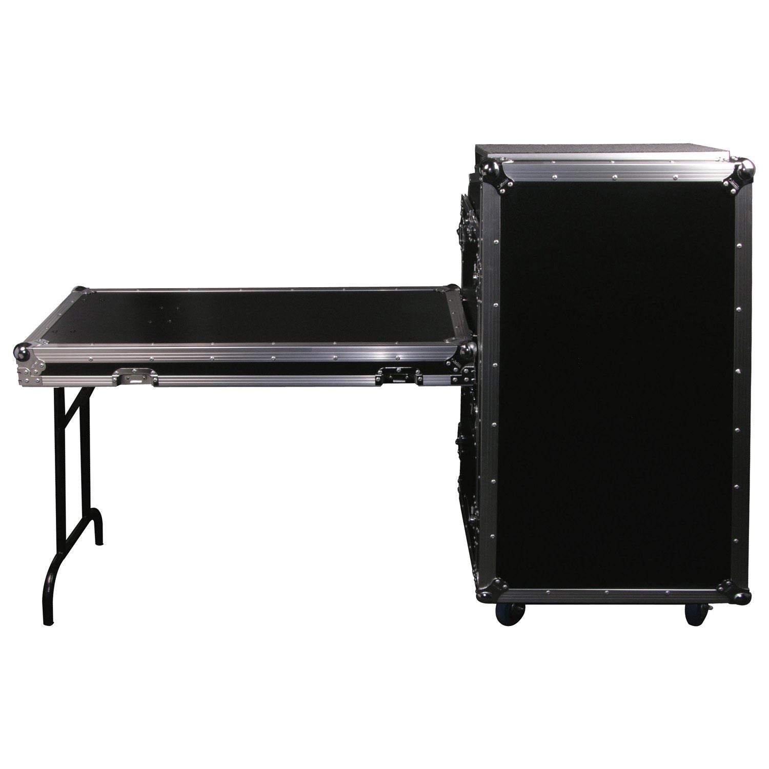 Open Box: Odyssey FZGS1116WDLX Deluxe 11U Top Slanted 16U Bottom Vertical Pro Combo Rack with Casters, Side Table, and Glide Platform - Hollywood DJ