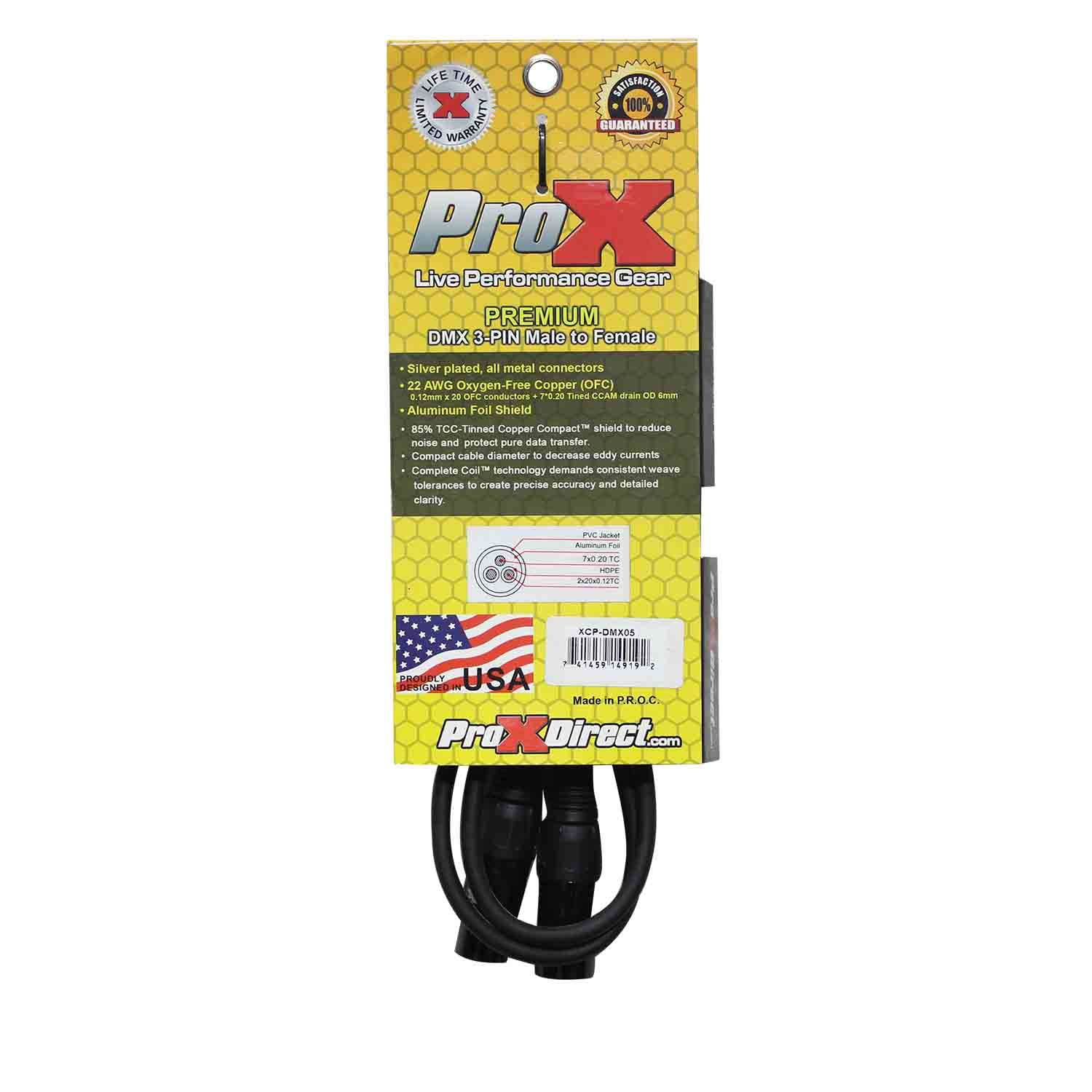 ProX XCP-DMX05, DMX XLR3-M to XLR3-F Premium Cable - 5 Feet - Hollywood DJ