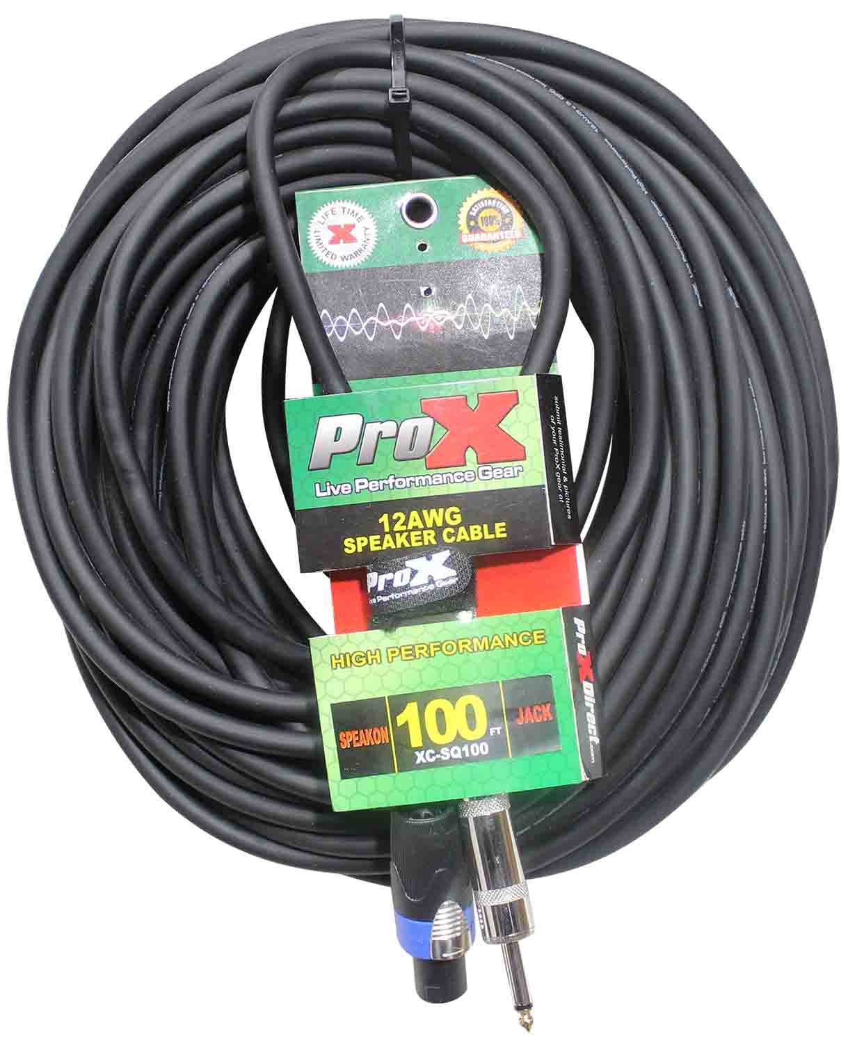 ProX XC-SQ100, 12 AWG SpeakOn to 1/4" TS High Performance Speaker Cable - 100 Feet - Hollywood DJ