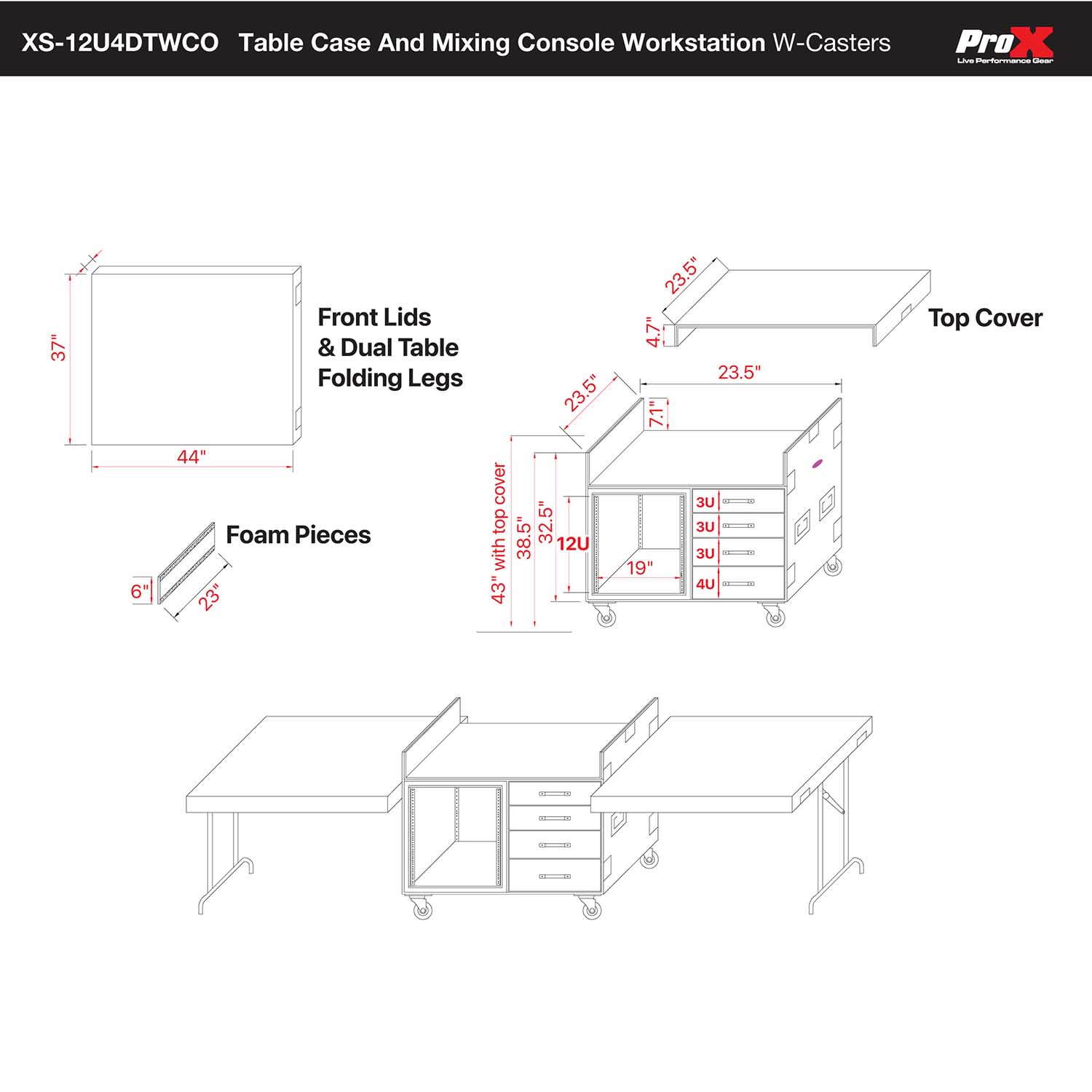 ProX XS-12U4DTWCO Dual-Table Case and Mixing Console Workstation with Casters - Hollywood DJ