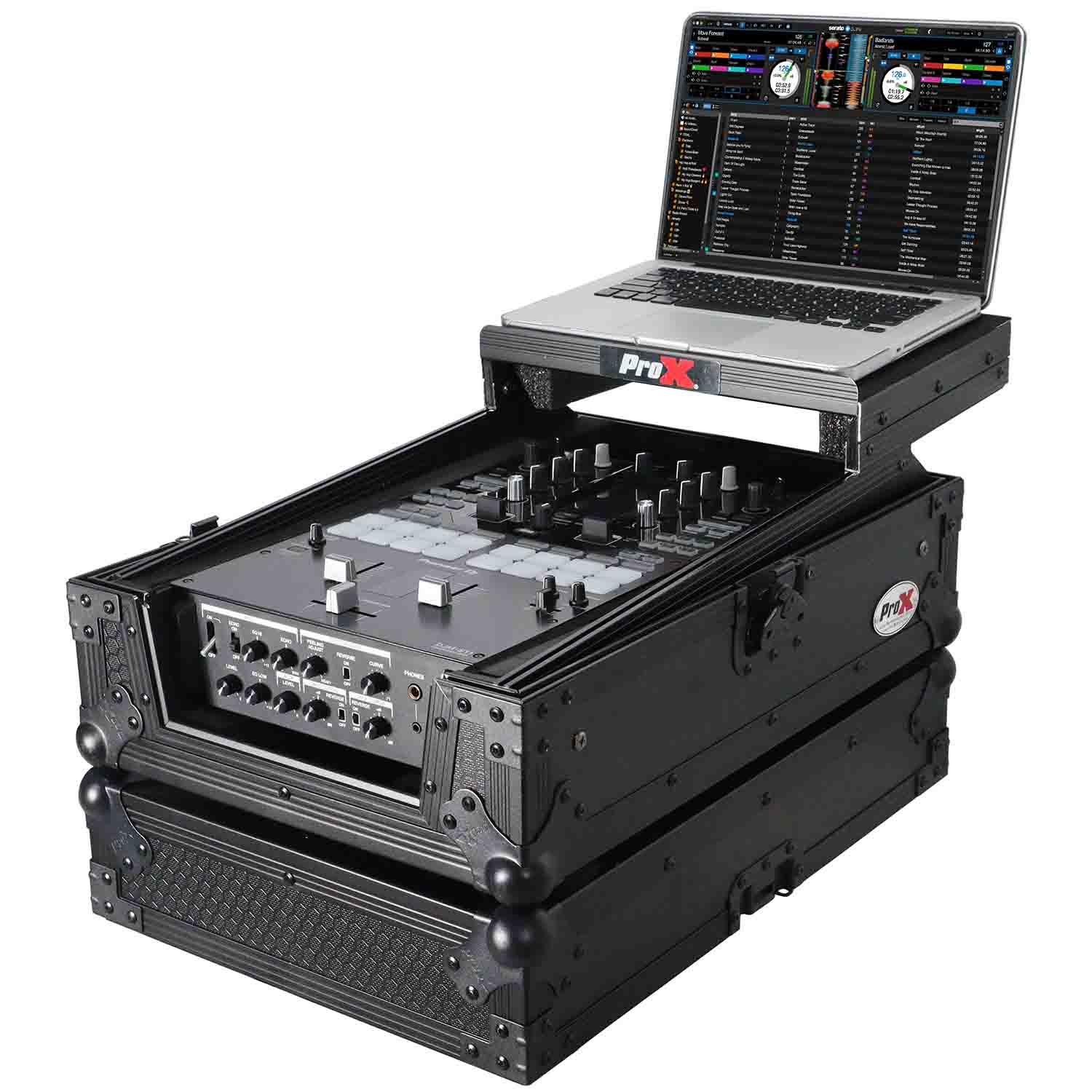 ProX XS-DJMS11LTBL, Flight Case for Pioneer DJM-S11 Mixer with Sliding Laptop Shelf - Black on Black - Hollywood DJ