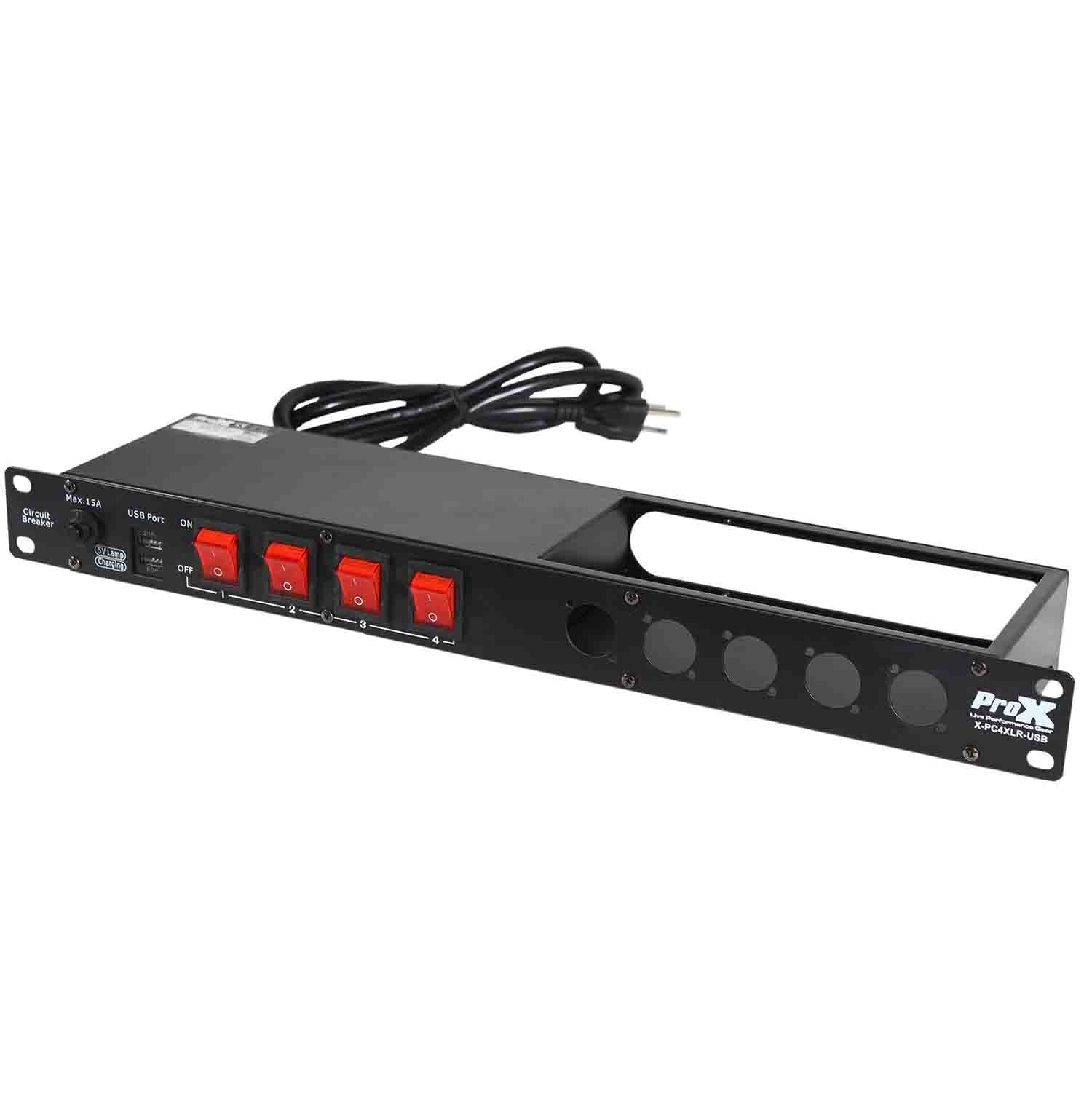 ProX X-PC4XLR-USB 1U 15 Amp Circuit 4CH Switch Panel W-2 USB and 5 Punched Space - Hollywood DJ