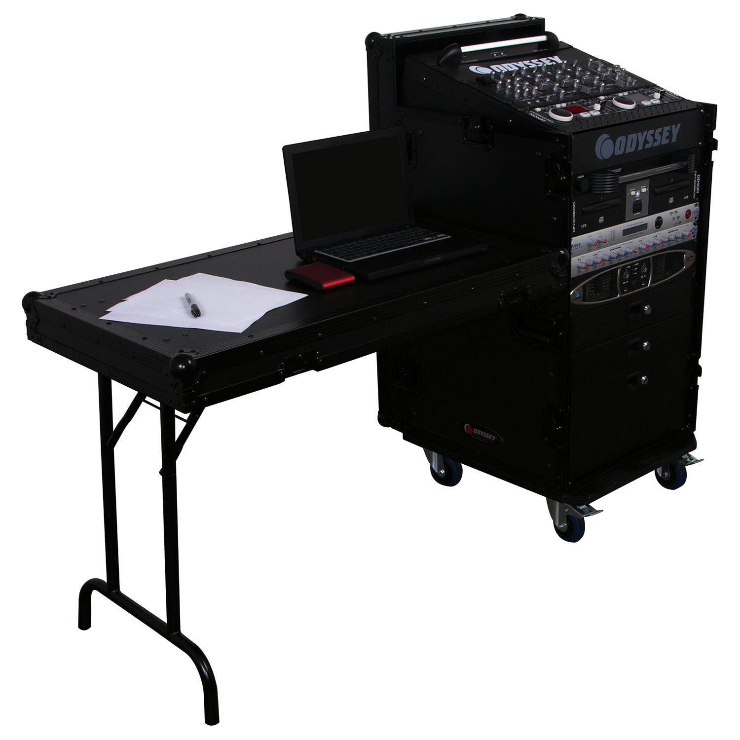 Odyssey FZ1116WDLXBL 11U Top Slanted 16U Vertical Pro Combo Rack with Side Table and Casters - Black - Hollywood DJ