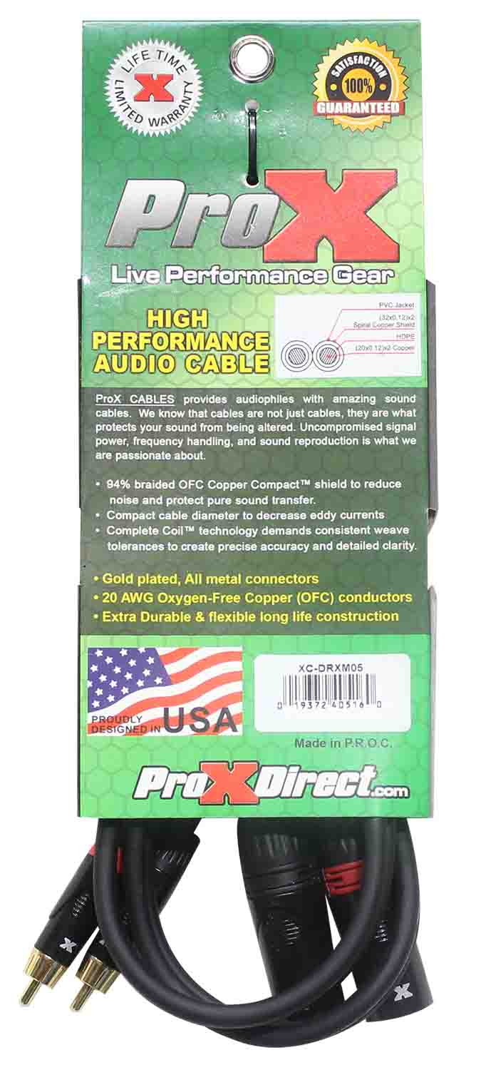Prox XC-DRXM05 Unbalanced Dual RCA-M to Dual XLR3-M High Performance Audio Cable - 5 Feet - Hollywood DJ