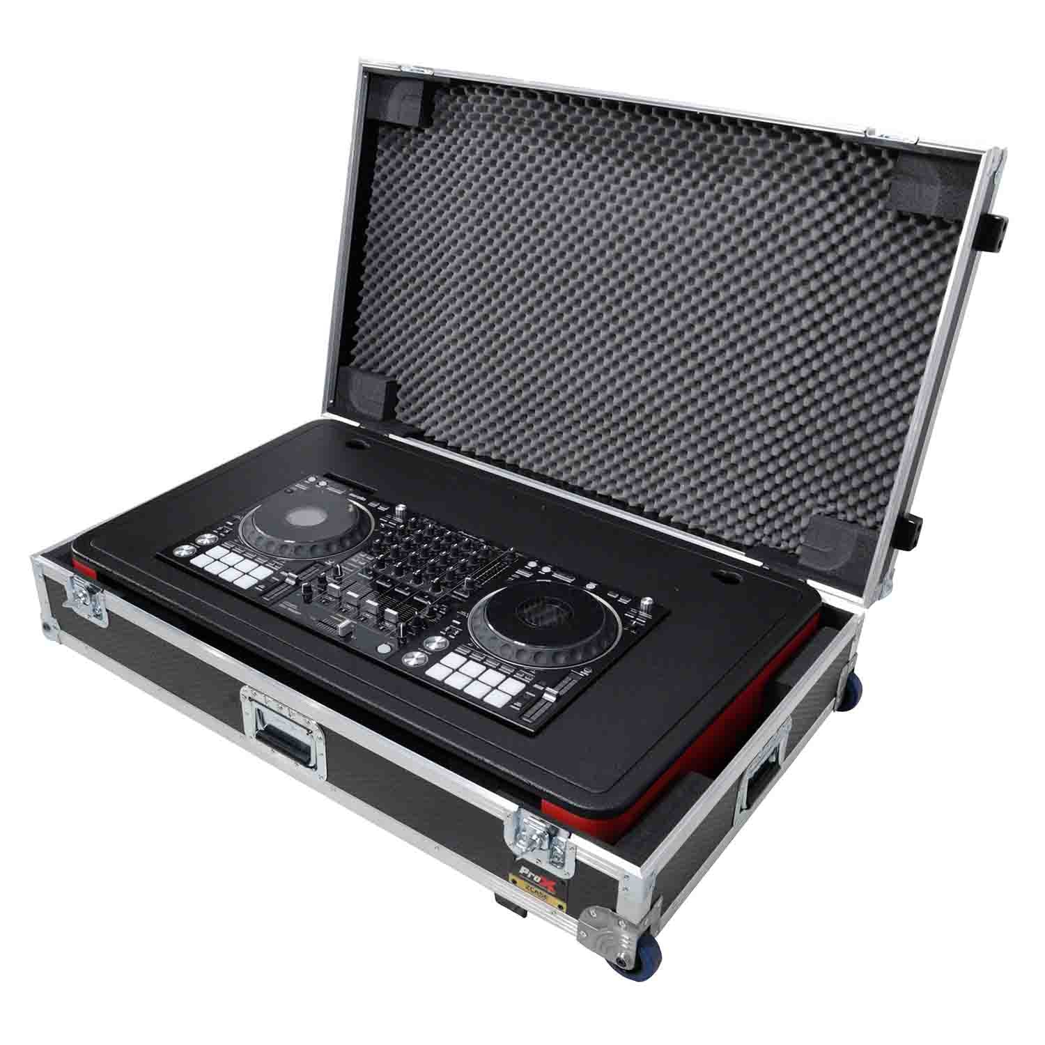 ProX XZF-DJCTRBCASE Control Tower DJ Booth with Laptop Arm and Road Cases for Pioneer XDJ-XZ, DDJ-1000 SRT, RANE ONE, and SX3 - Red Black Finish - Hollywood DJ