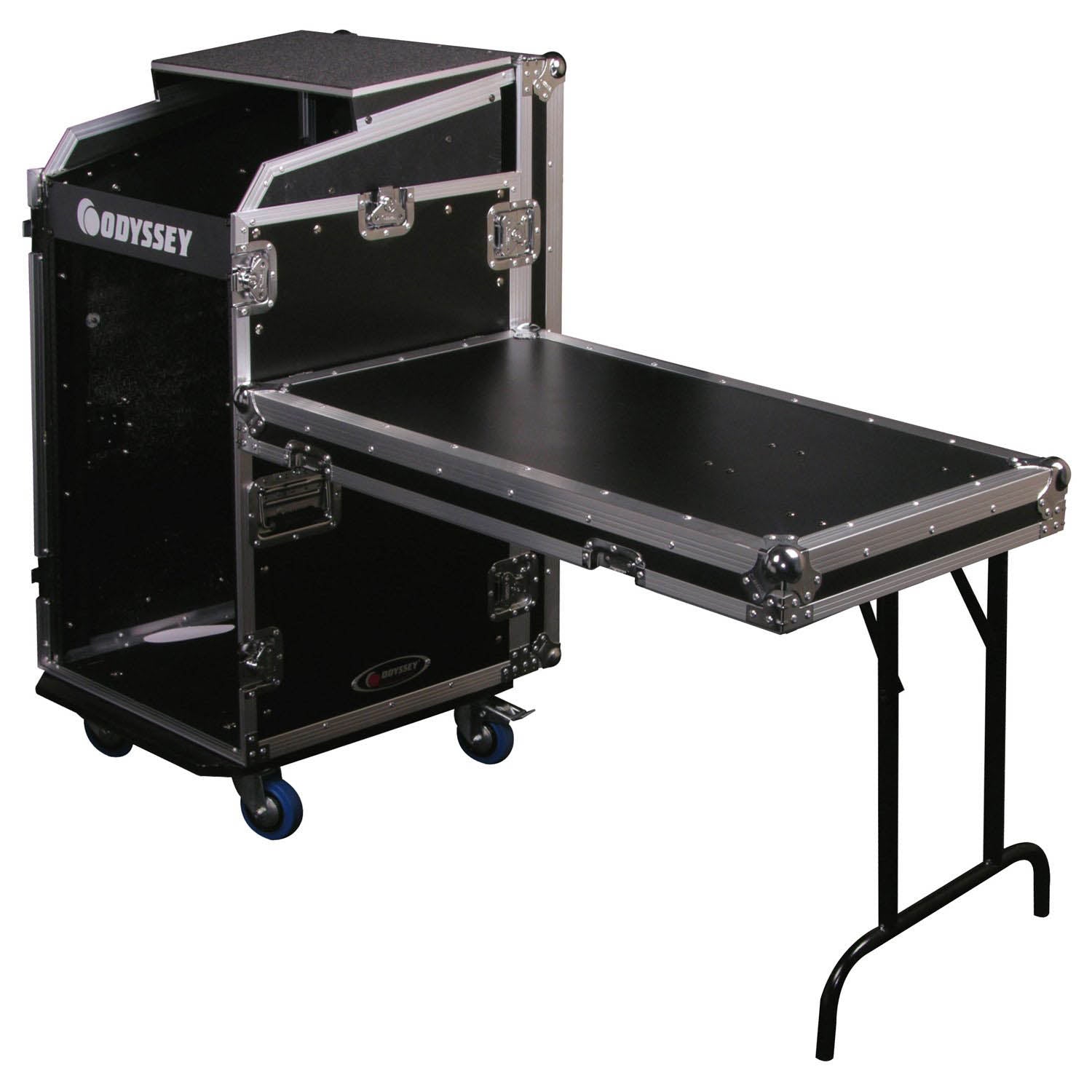 Open Box: Odyssey FZGS1116WDLX Deluxe 11U Top Slanted 16U Bottom Vertical Pro Combo Rack with Casters, Side Table, and Glide Platform - Hollywood DJ