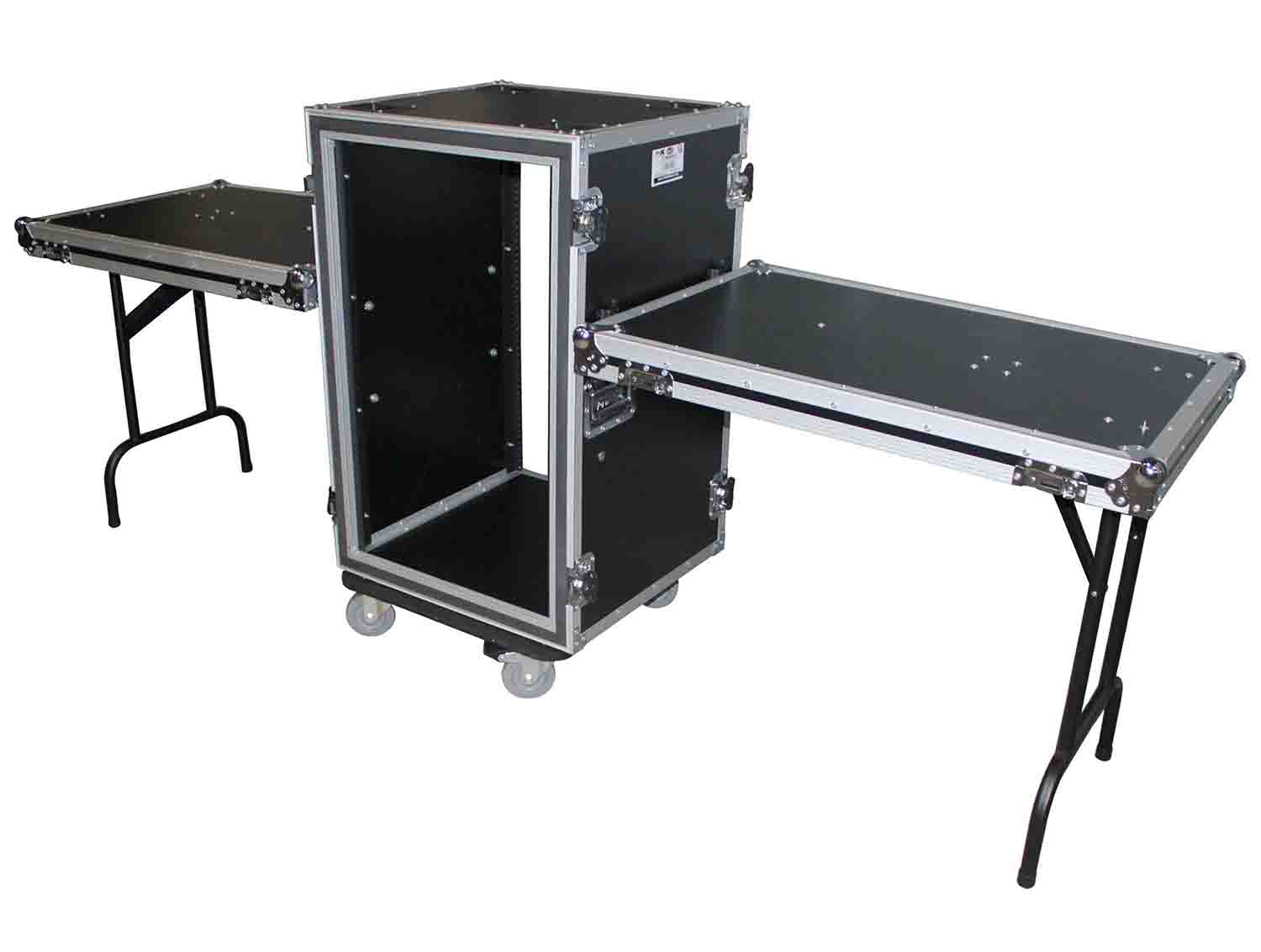 Prox T-16RSP24DST 16U Vertical Shockproof Amp/Rack Case with Dual Side Tables and 4 Casters - 24" Rail to Rail - Hollywood DJ