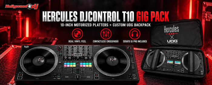 Hercules DJControl T10 Gig Pack blog graphic showing the T10 controller and its open UDG-Hercules backpack