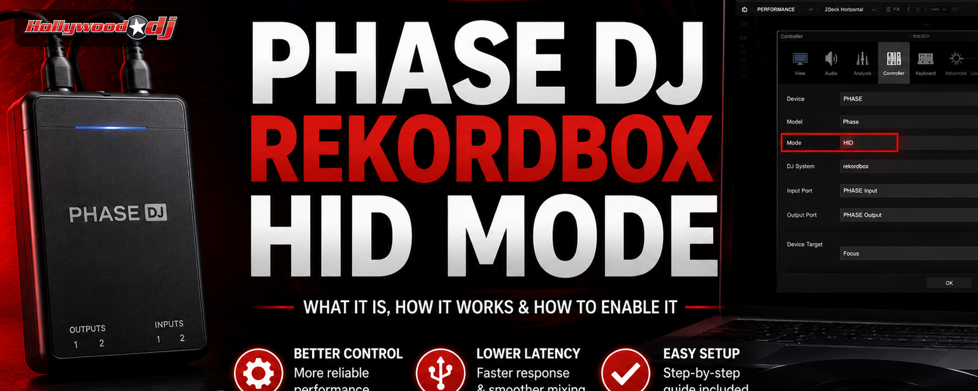 Phase DJ and rekordbox HID mode blog graphic showing wireless DVS setup with laptop and Phase receiver
