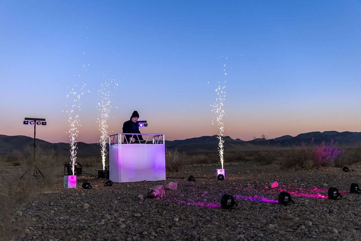 ColorKey Dazzler FX MK2 cold spark machines in use at an outdoor DJ booth - Hollywood DJ