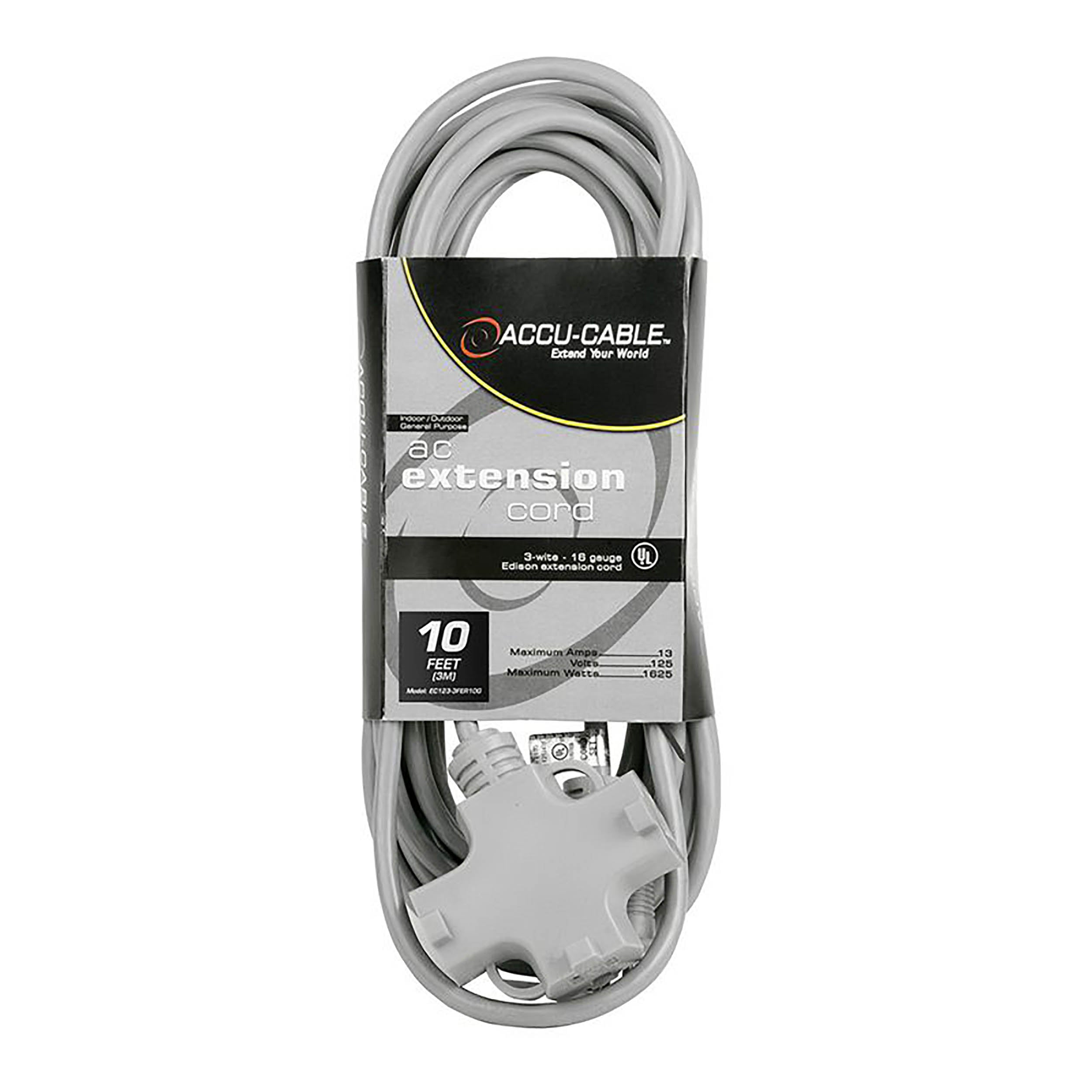 Accu-Cable EC123-3FER10G, 16-Gauge Indoor/Outdoor AC Extol Cord with Triple Tap - 10 Ft by Accu Cable
