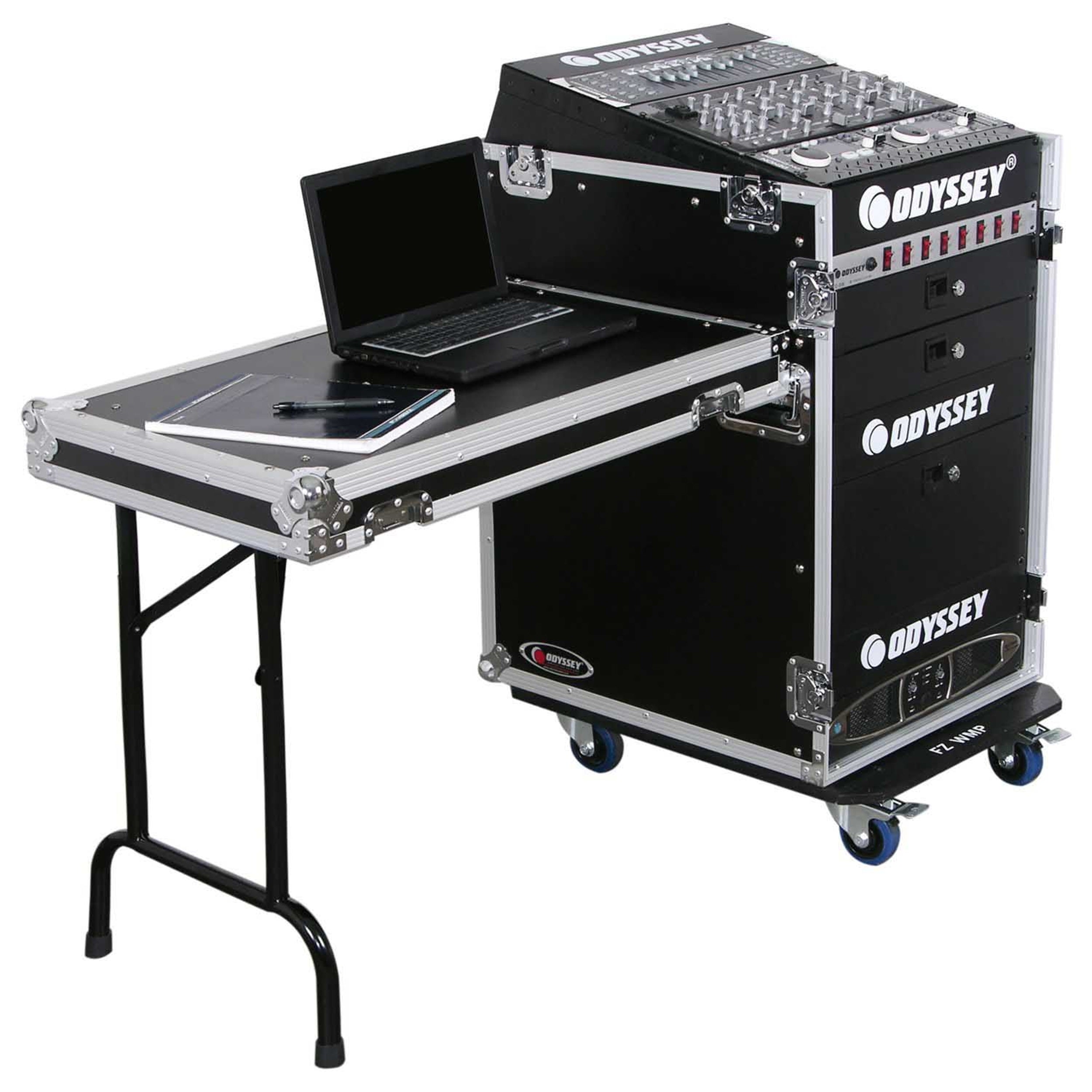 Odyssey FZ1316WDLX Deluxe 13U Top Slanted 16U Bottom Vertical Pro Combo Rack with Side Table and Casters by Odyssey
