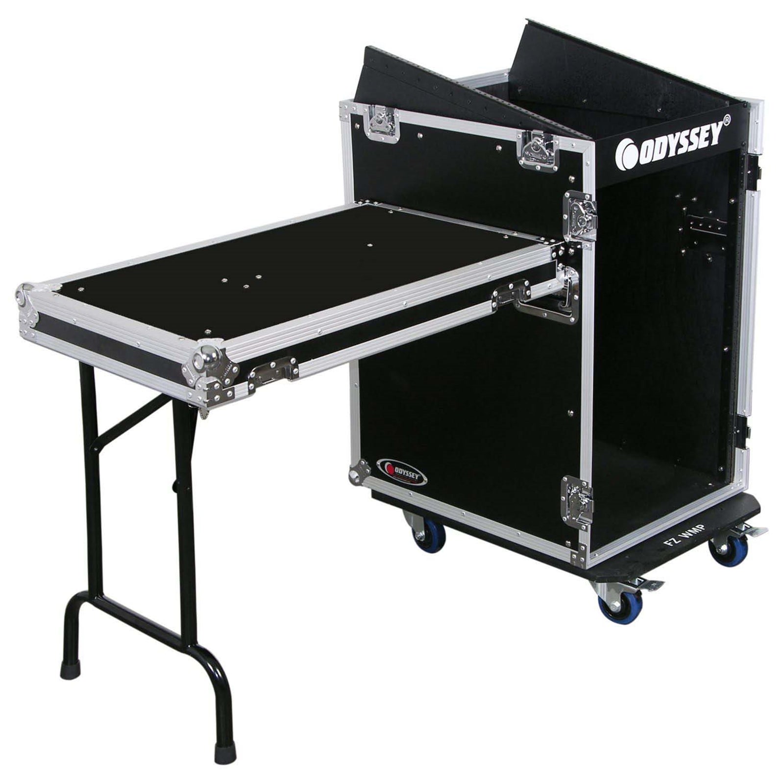 Odyssey FZ1316WDLX Deluxe 13U Top Slanted 16U Bottom Vertical Pro Combo Rack with Side Table and Casters