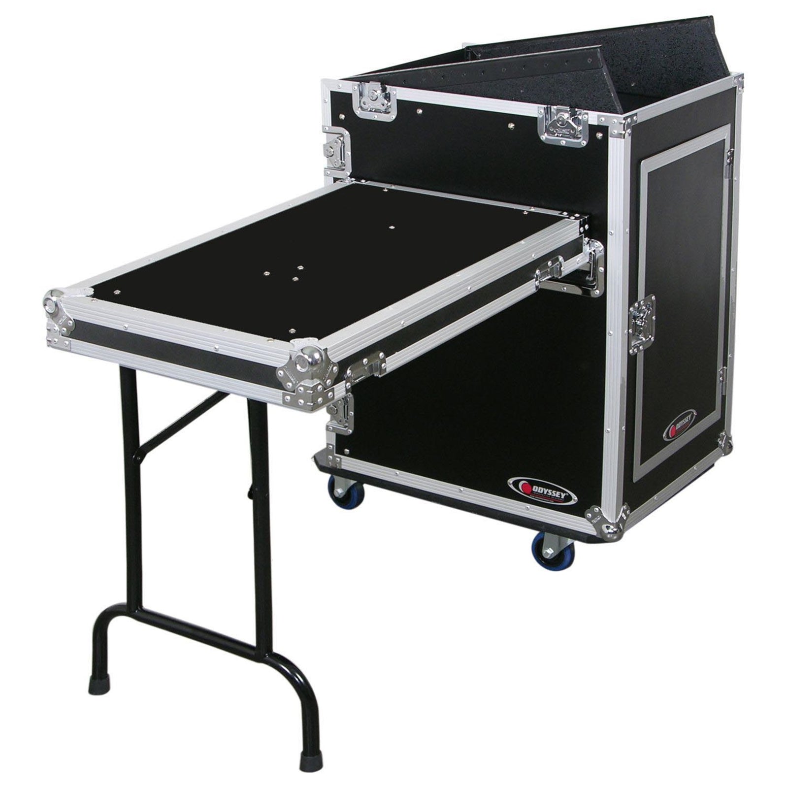 Odyssey FZ1316WDLX Deluxe 13U Top Slanted 16U Bottom Vertical Pro Combo Rack with Side Table and Casters