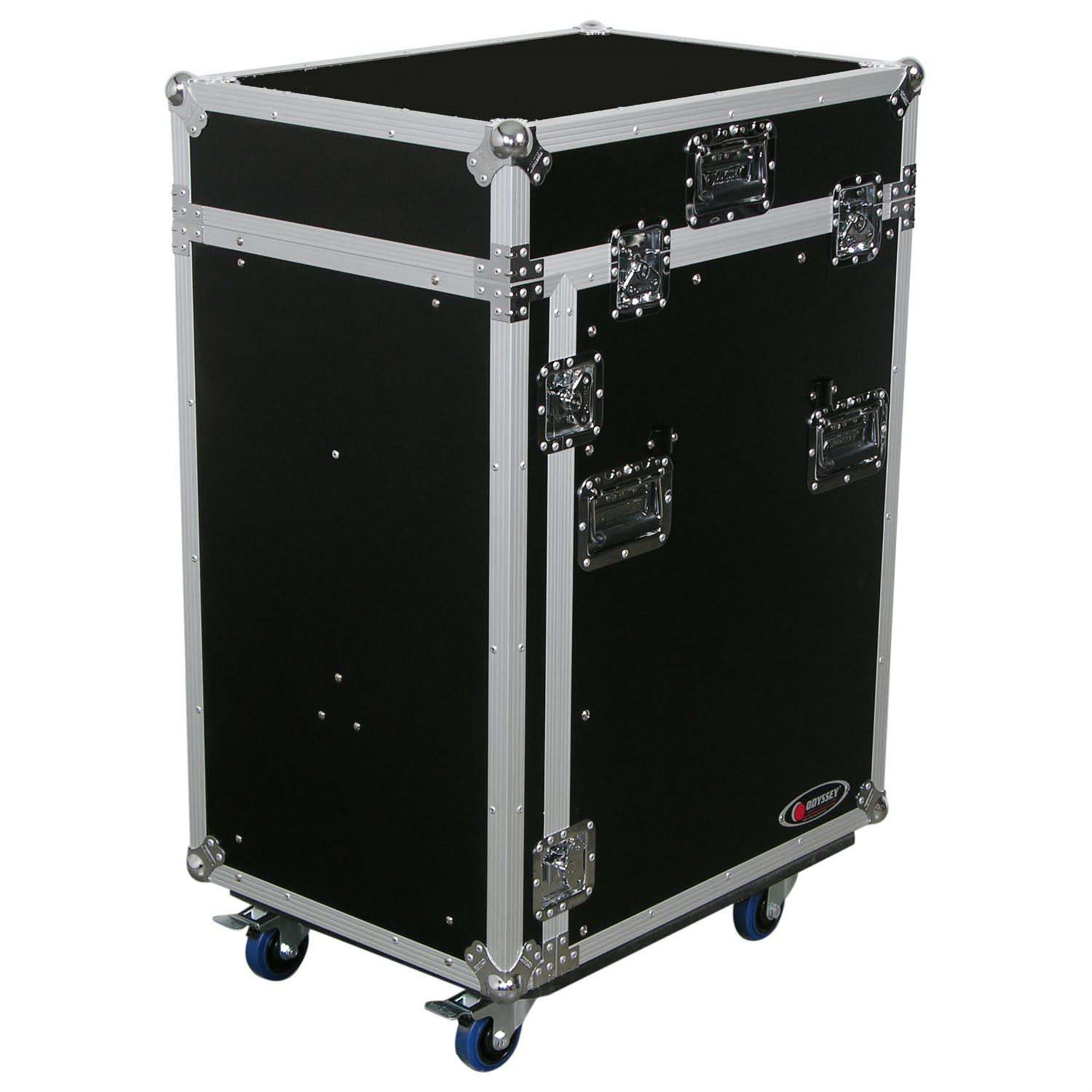 Odyssey FZ1316WDLX Deluxe 13U Top Slanted 16U Bottom Vertical Pro Combo Rack with Side Table and Casters by Odyssey