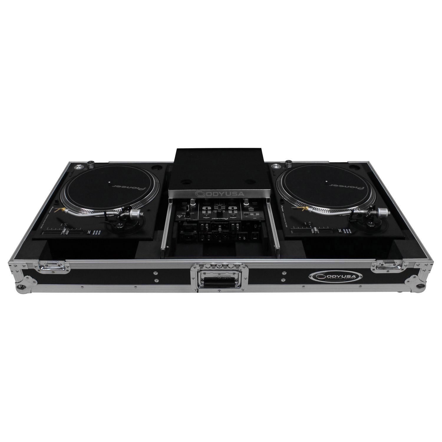 Odyssey FZGSLBM10WR Black Low Profile 10″ Format DJ Mixer and Two Battle Position Turntables Flight Coffin Case with Wheels and Glide Platform by Odyssey