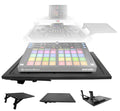 ProX XS-LTSC black laptop side shelf with its folding brackets, shown in an exploded view above a Pioneer DJ controller and Rekordbox-branded pad controller.