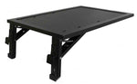 Black metal folding side shelf with a textured top and adjustable legs, shown on a white background.