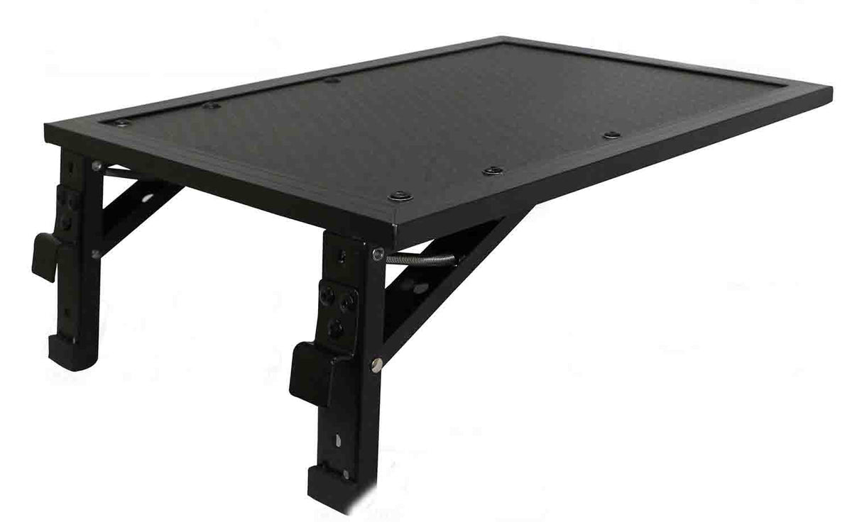 Black metal folding side shelf with a textured top and adjustable legs, shown on a white background.