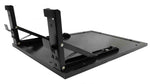 ProX XS-LTSC black metal laptop side shelf with adjustable tilting arms and a flat tray, for mounting beside a DJ controller case.