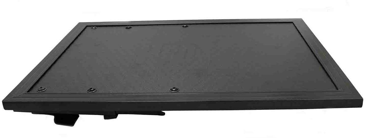 ProX XS-LTSC black universal laptop side shelf with screw-mounted panel and clip-on brackets for DJ controller cases