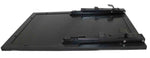 Black flat laptop side shelf with metal sliding rails and hinge brackets, shown on a white background, for ProX XS-LTSC DJ controller cases.