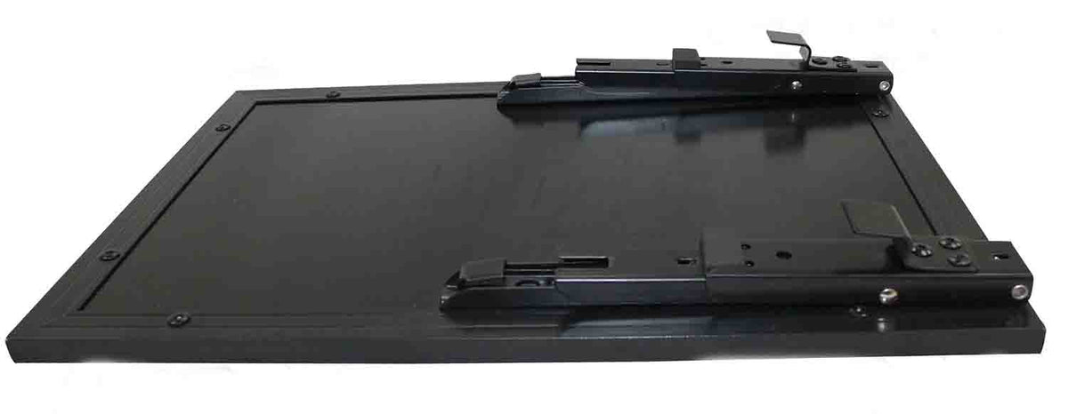 Black flat laptop side shelf with metal sliding rails and hinge brackets, shown on a white background, for ProX XS-LTSC DJ controller cases.