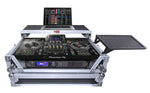 ProX silver flight case holding a Pioneer DJ controller, a rack unit and a laptop, with a black side shelf extended to the right.
