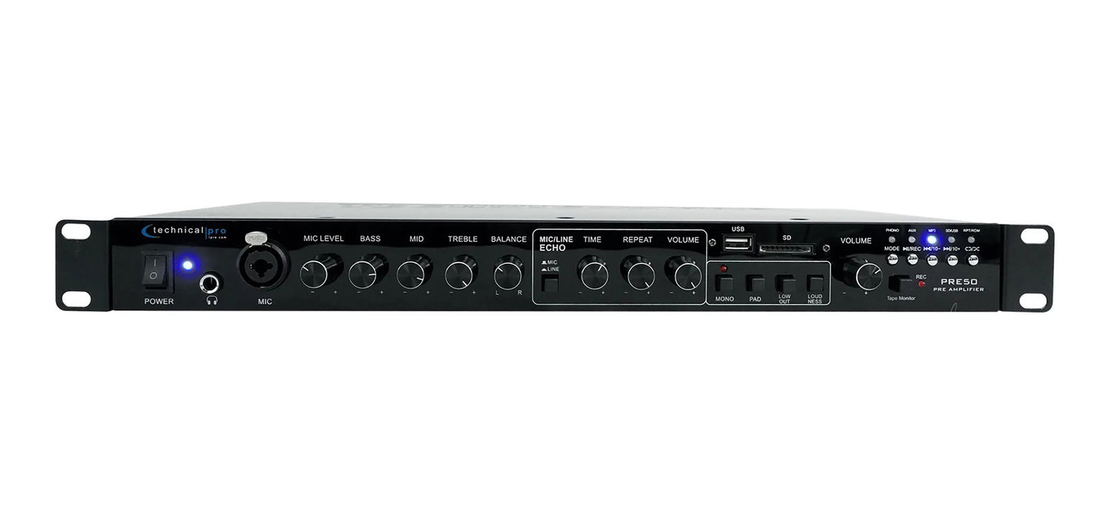 Technical Pro PRE50 2-Channel Rechargeable Pre-Amplifier with USB and SD Preamp by Technical Pro